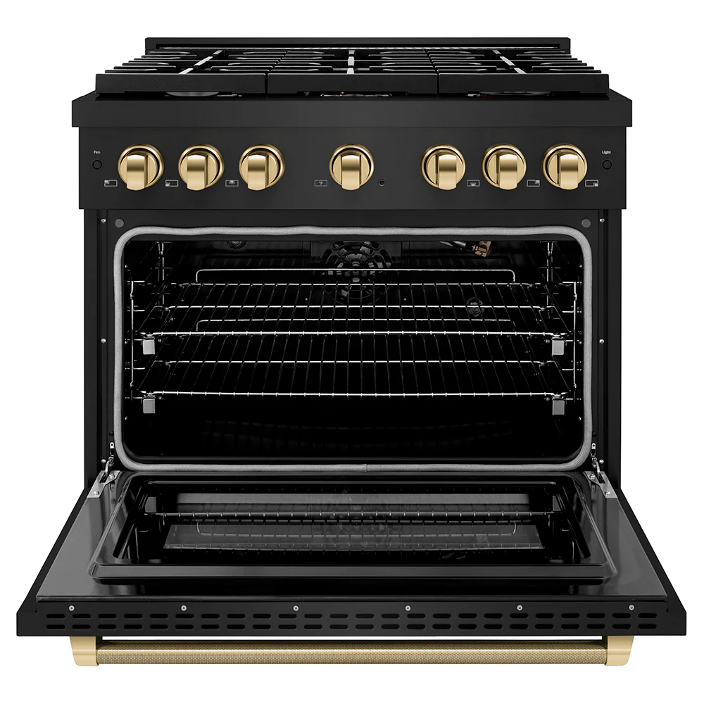ZLINE Autograph Edition 36 in. 5.2 cu. ft. Paramount Gas Range with 6 Burner Cooktop and Convection Gas Oven in Black Stainless Steel with Polished Gold Helix Handle and Knob Accents (SGRBZ-36-KG) - Image 4