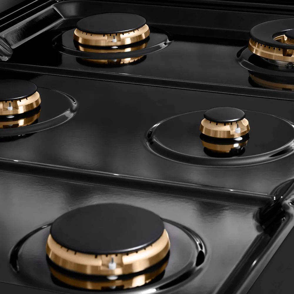 ZLINE Autograph Edition 36 in. 5.2 cu. ft. Paramount Gas Range with 6 Burner Cooktop and Convection Gas Oven in Black Stainless Steel with Polished Gold Helix Handle and Knob Accents (SGRBZ-36-KG) - Image 9