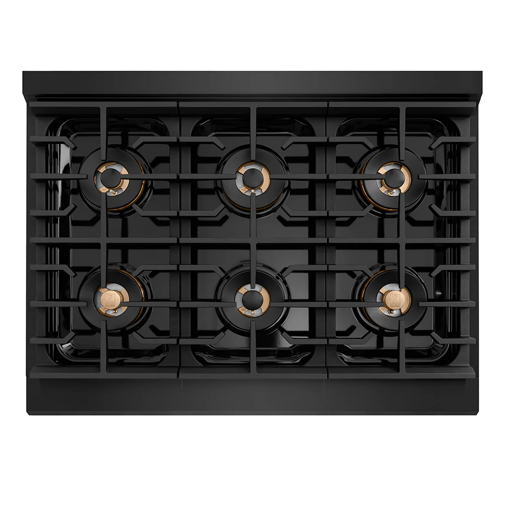 ZLINE Autograph Edition 36 in. 5.2 cu. ft. Paramount Gas Range with 6 Burner DuoPro™ Cooktop and Convection Gas Oven in Black Stainless Steel with Champagne Bronze Helix Handle and Accents (PSGRBZ-36-KCB) - Image 2