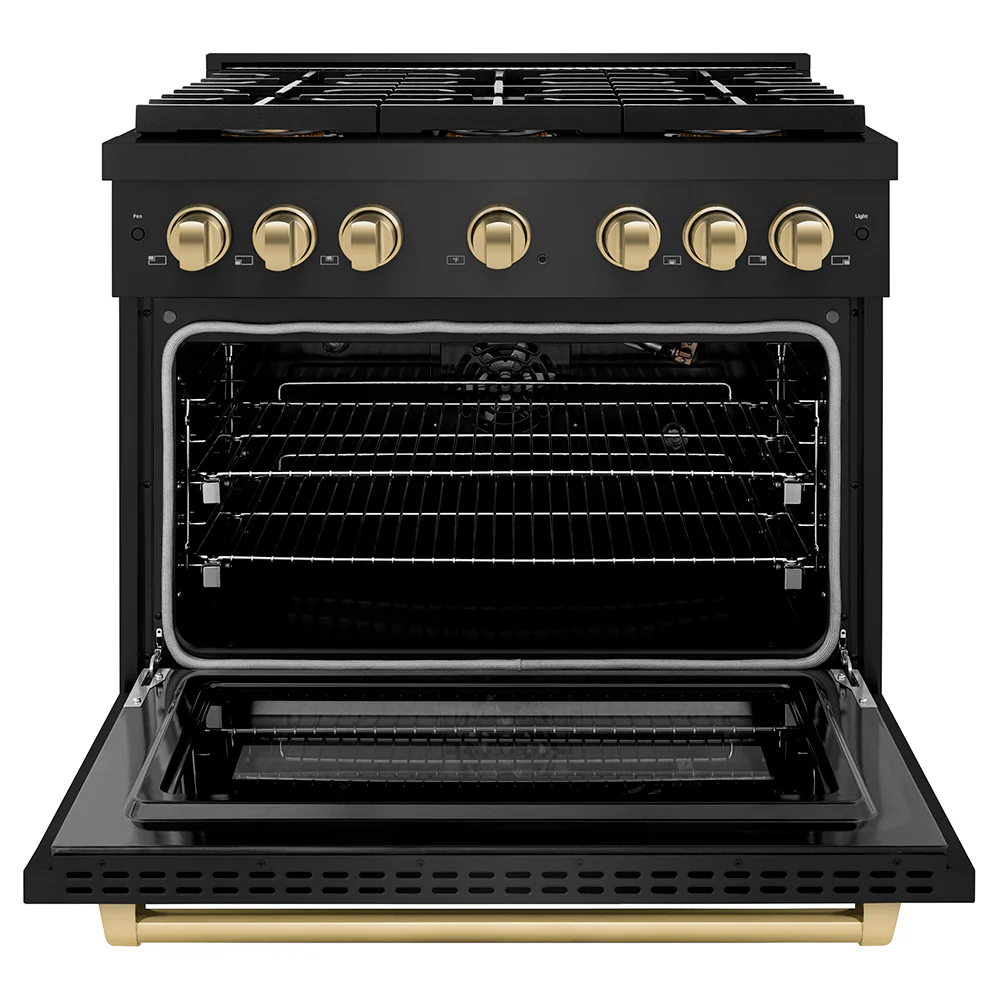 ZLINE Autograph Edition 36 in. 5.2 cu. ft. Paramount Gas Range with 6 Burner DuoPro™ Cooktop and Convection Gas Oven in Black Stainless Steel and Champagne Bronze Accents (PSGRBZ-36-CB) - Image 3