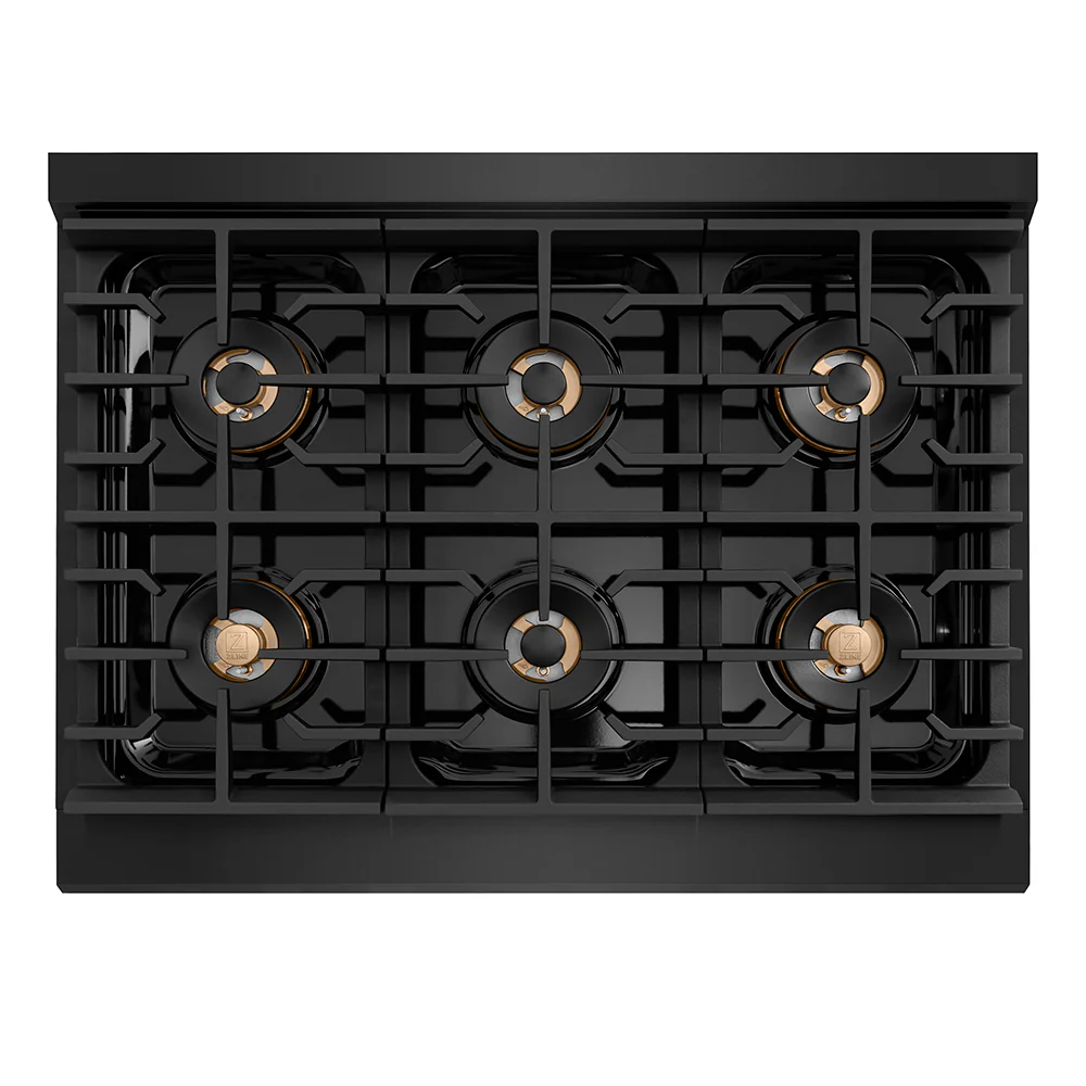 ZLINE Autograph Edition 36 in. 5.2 cu. ft. Paramount Gas Range with 6 Burner DuoPro™ Cooktop and Convection Gas Oven in Black Stainless Steel with Polished Gold Helix Handle and Accents (PSGRBZ-36-KG) - Image 2