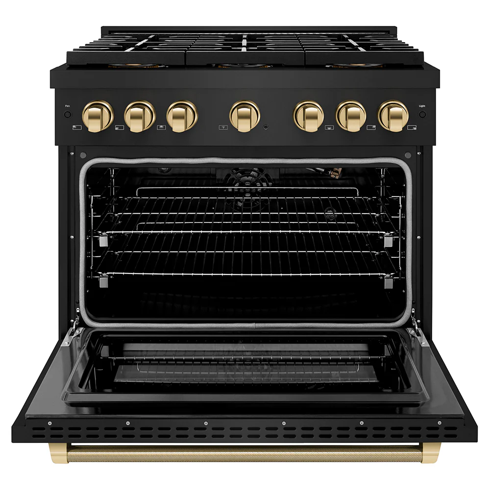 ZLINE Autograph Edition 36 in. 5.2 cu. ft. Paramount Gas Range with 6 Burner DuoPro™ Cooktop and Convection Gas Oven in Black Stainless Steel with Polished Gold Helix Handle and Accents (PSGRBZ-36-KG) - Image 3