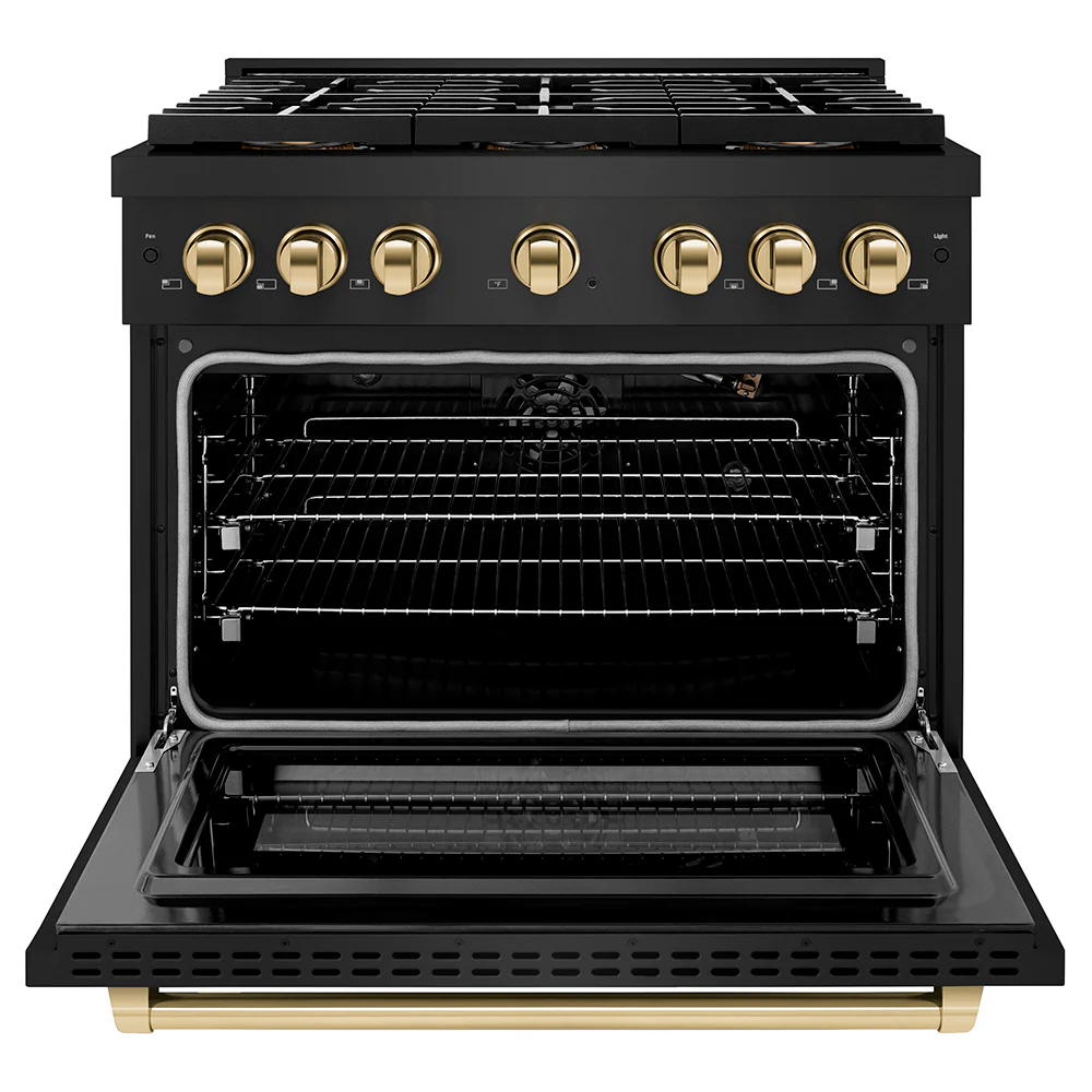 ZLINE Autograph Edition 36 in. 5.2 cu. ft. Paramount Gas Range with 6 Burner DuoPro™ Cooktop and Convection Gas Oven in Black Stainless Steel and Polished Gold Accents (PSGRBZ-36-G) - Image 3