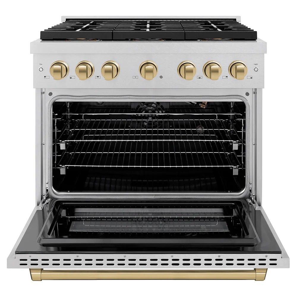 ZLINE Autograph Edition 36 in. 5.2 cu. ft. Paramount Gas Range with 6 Burner DuoPro™ Cooktop and Convection Gas Oven in Satin Stainless Steel and Champagne Bronze Accents (PSGRSZ-36-CB) - Image 3