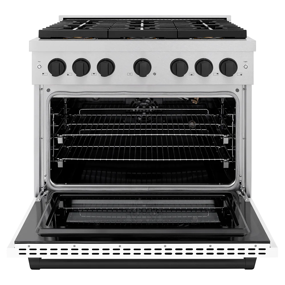 ZLINE Autograph Edition 36 in. 5.2 cu. ft. Paramount Gas Range with 6 Burner DuoPro™ Cooktop and Convection Gas Oven in Satin Stainless Steel with White Matte Door and Matte Black Accents (PSGRSZ-WM-36-MB) - Image 3