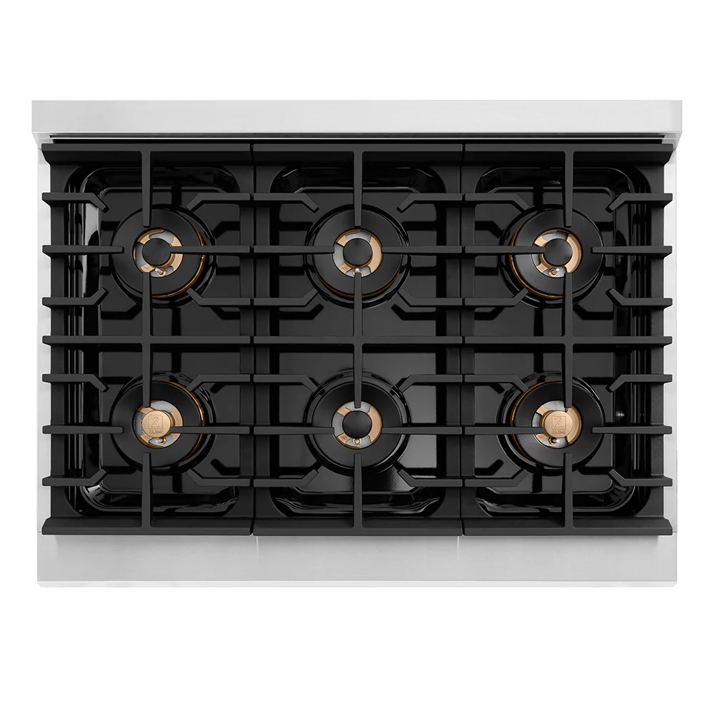 ZLINE Autograph Edition 36 in. 5.2 cu. ft. Paramount Gas Range with 6 Burner DuoPro™ Cooktop and Convection Gas Oven in Stainless Steel with Champagne Bronze Helix Handle and Accents (PSGRZ-36-KCB) - Image 2