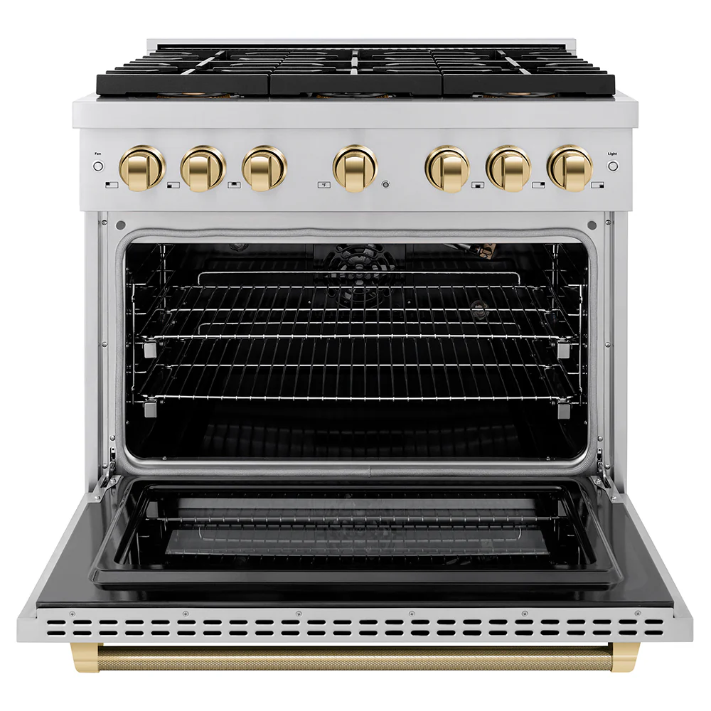 ZLINE Autograph Edition 36 in. 5.2 cu. ft. Paramount Gas Range with 6 Burner DuoPro™ Cooktop and Convection Gas Oven in Stainless Steel with Champagne Bronze Helix Handle and Accents (PSGRZ-36-KCB) - Image 3