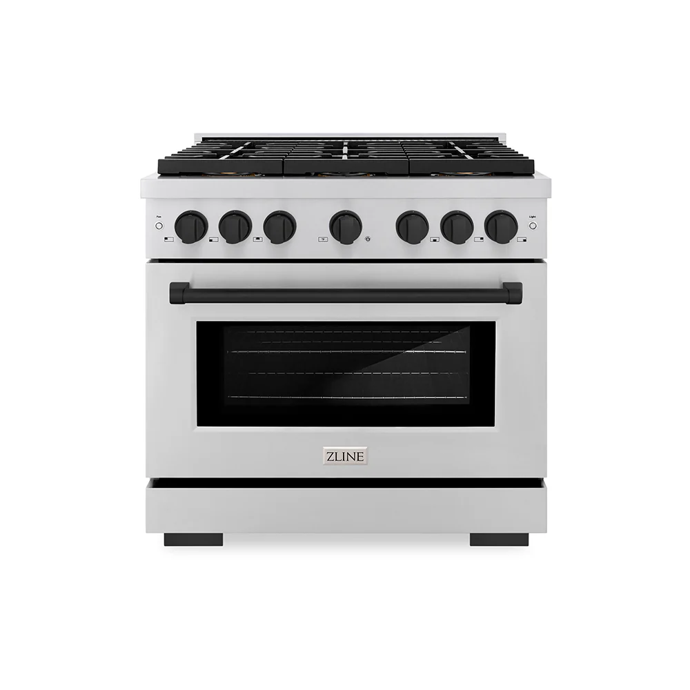 ZLINE Autograph Edition 36 in. 5.2 cu. ft. Paramount Gas Range with 6 Burner DuoPro™ Cooktop and Convection Gas Oven in Stainless Steel and Matte Black Accents (PSGRZ-36-MB)