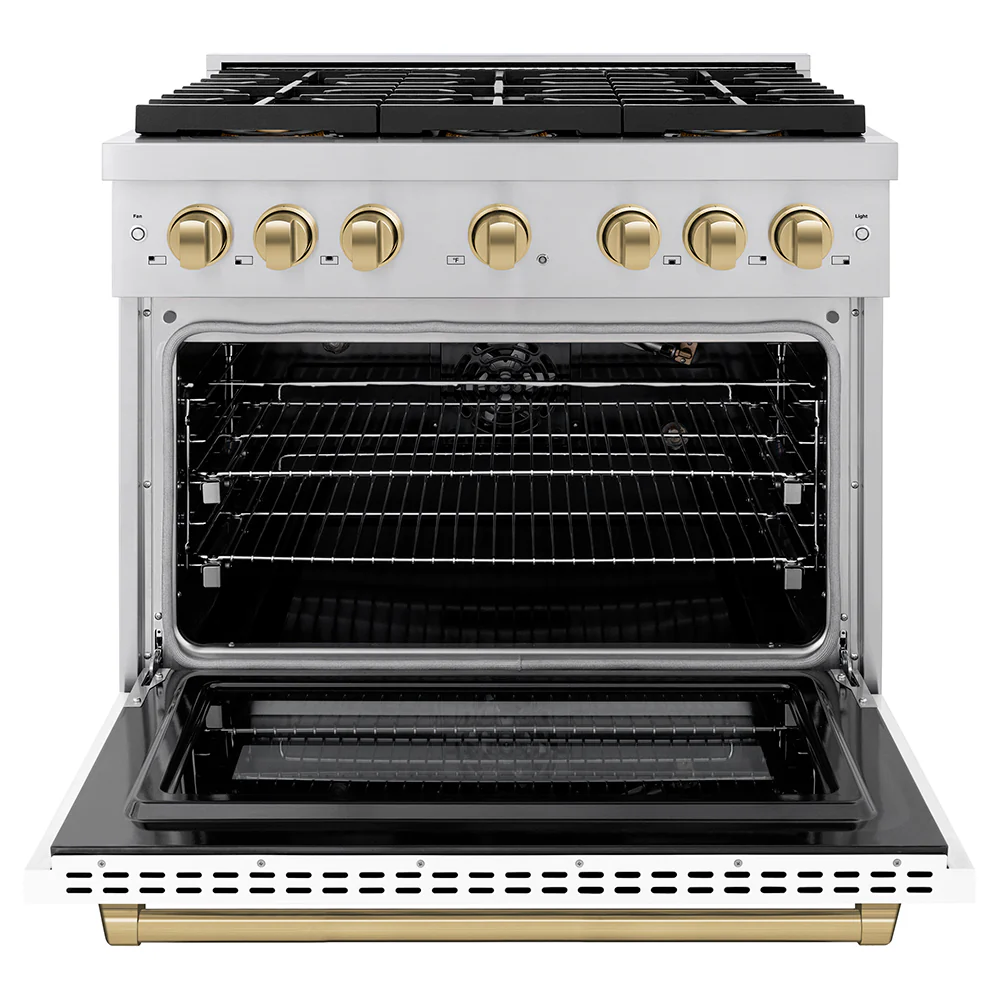 ZLINE Autograph Edition 36 in. 5.2 cu. ft. Paramount Gas Range with 6 Burner DuoPro™ Cooktop and Convection Gas Oven with White Matte Door and Champagne Bronze Accents (PSGRZ-WM-36-CB) - Image 3