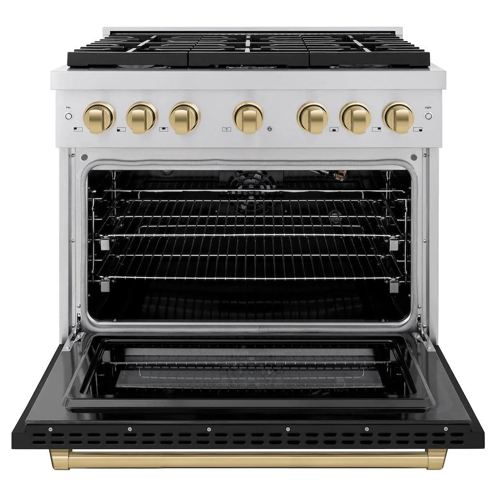 ZLINE Autograph Edition 36 in. 5.2 cu. ft. Paramount Gas Range with 6 Burner Cooktop and Convection Gas Oven in Stainless Steel with Black Matte Door and Champagne Bronze Accents (SGRZ-BLM-36-CB) - Image 3