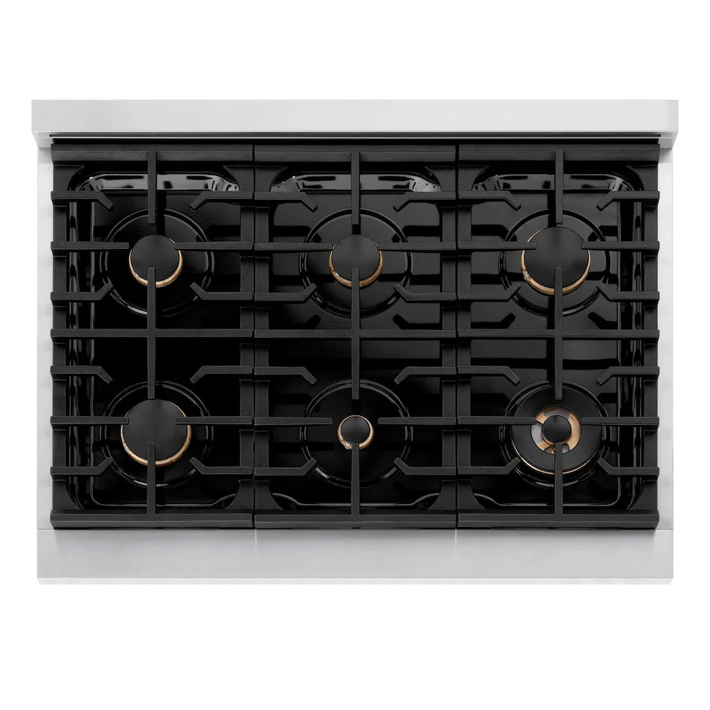 ZLINE Autograph Edition 36 in. 5.2 cu. ft. Paramount Gas Range with 6 Burner Cooktop and Convection Gas Oven in Stainless Steel with Black Matte Door and Polished Gold Accents (SGRZ-BLM-36-G) - Image 4