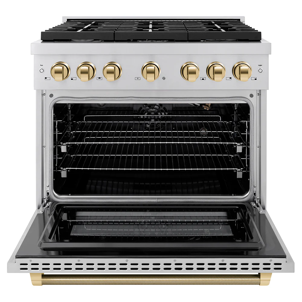 ZLINE Autograph Edition 36 in. 5.2 cu. ft. Paramount Gas Range with 6 Burner Cooktop and Convection Gas Oven in Stainless Steel with Polished Gold Helix Handle and Knob Accents (SGRZ-36-KG) - Image 4