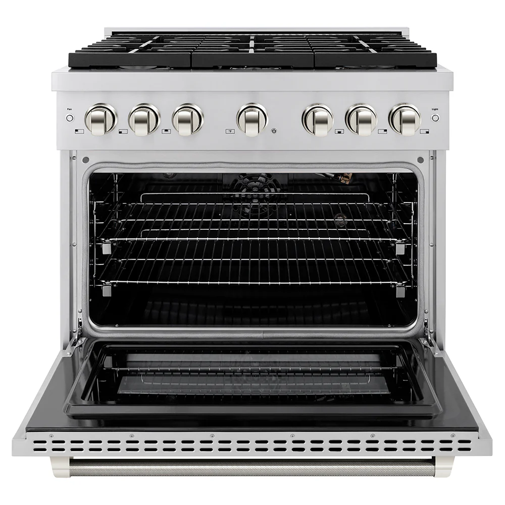 ZLINE Autograph Edition 36 in. 5.2 cu. ft. Paramount Gas Range with 6 Burner Cooktop and Convection Gas Oven in Stainless Steel with Polished Nickel Helix Handle and Knob Accents (SGRZ-36-KPN) - Image 4
