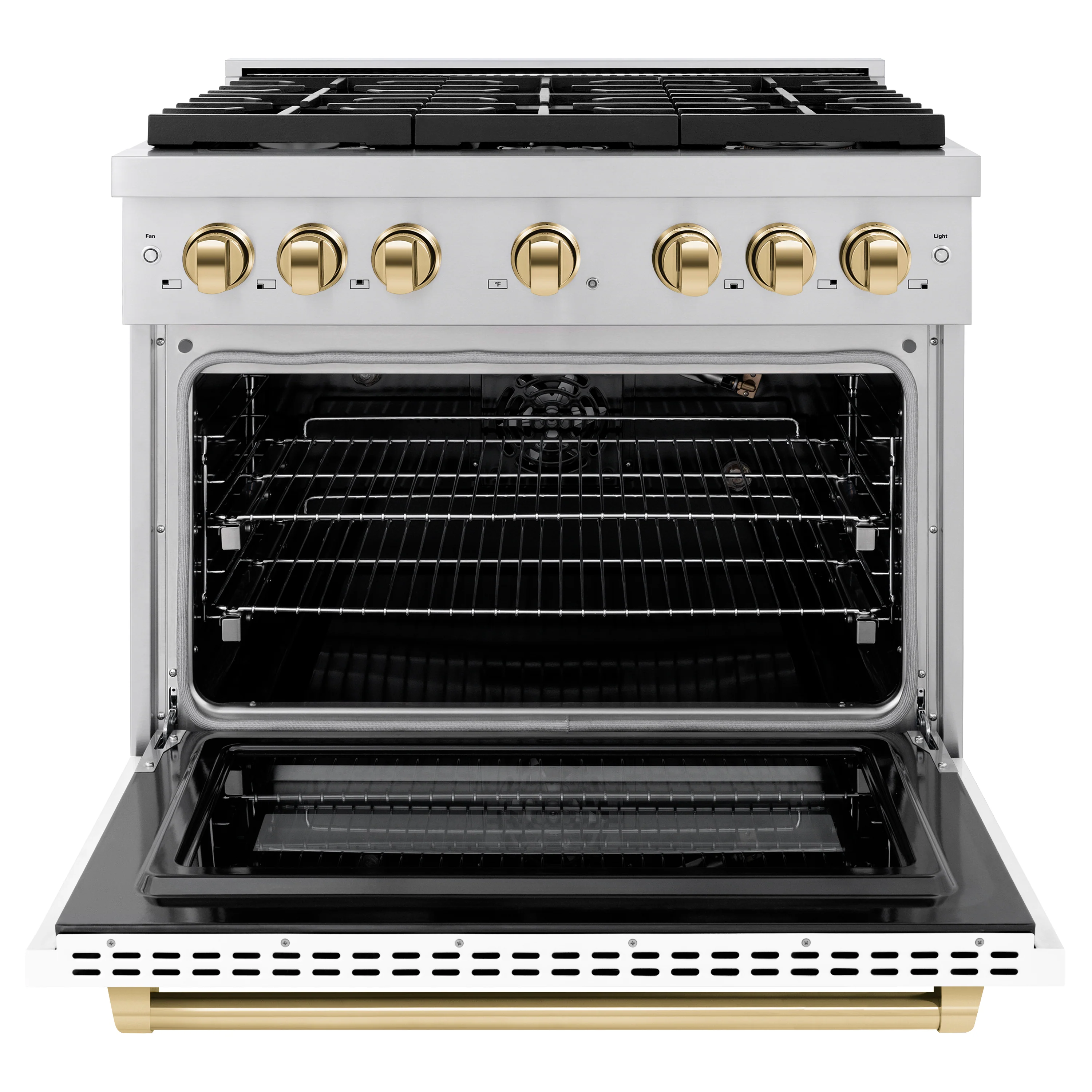 ZLINE Autograph Edition 36 in. 5.2 cu. ft. Paramount Gas Range with 6 Burner Cooktop and Convection Gas Oven in Stainless Steel with White Matte Door and Polished Gold Accents (SGRZ-WM-36-G) - Image 3