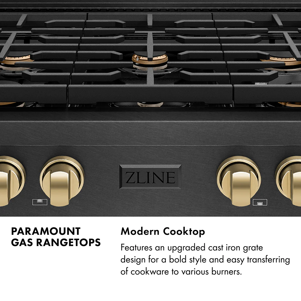 ZLINE Autograph Edition 36 in. Paramount Gas Rangetop with 6 Burners and Porcelain Cooktop in Black Satin Stainless Steel with Champagne Bronze Accents (SRTBSZ-36-CB) - Image 9
