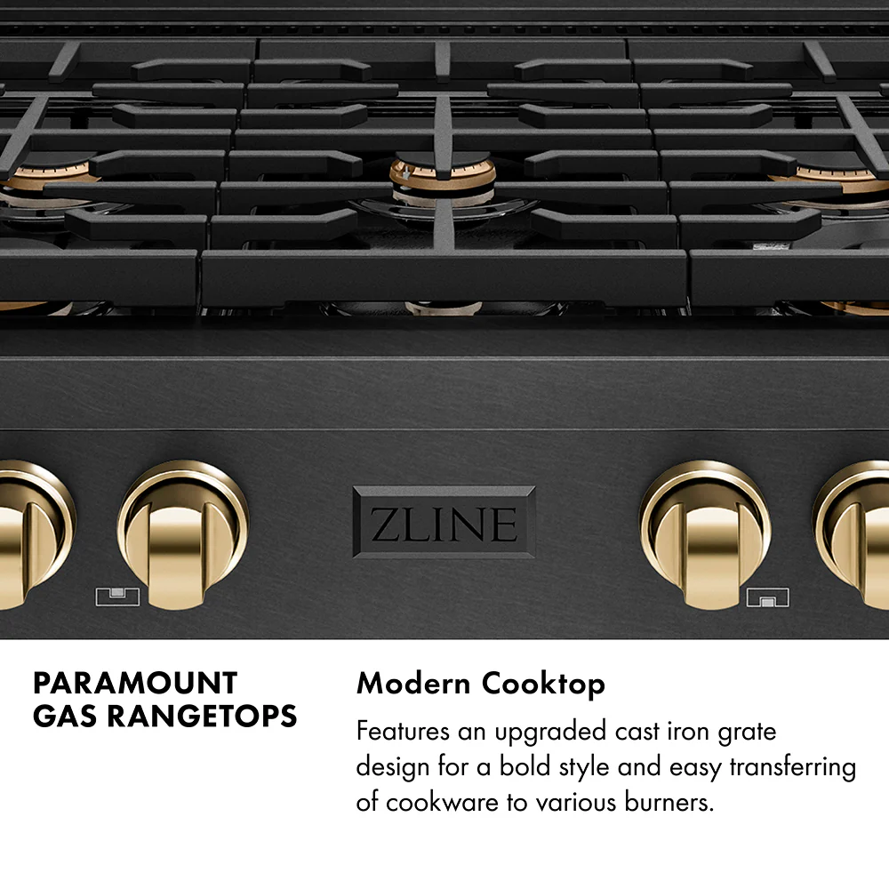 ZLINE Autograph Edition 36 in. Paramount Gas Rangetop with 6 Burners and Porcelain Cooktop in Black Satin Stainless Steel with Polished Gold Accents (SRTBSZ-36-G) - Image 10