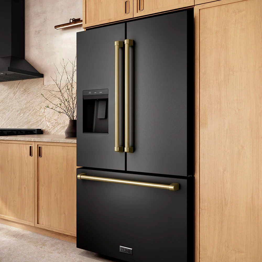 ZLINE Autograph Edition 36 in. 28.9 cu. ft. Standard-Depth French Door External Water Dispenser Refrigerator with Dual Ice Maker in Fingerprint-Resistant Black Stainless Steel and Champagne Bronze Traditional Handles (RSMZ-W-36-BS-CB) - Image 15