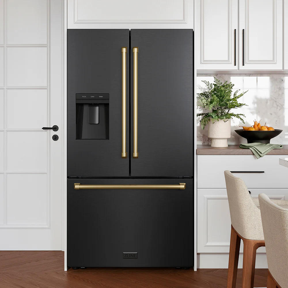ZLINE Autograph Edition 36 in. 28.9 cu. ft. Standard-Depth French Door External Water Dispenser Refrigerator with Dual Ice Maker in Fingerprint-Resistant Black Stainless Steel and Champagne Bronze Traditional Handles (RSMZ-W-36-BS-CB) - Image 16