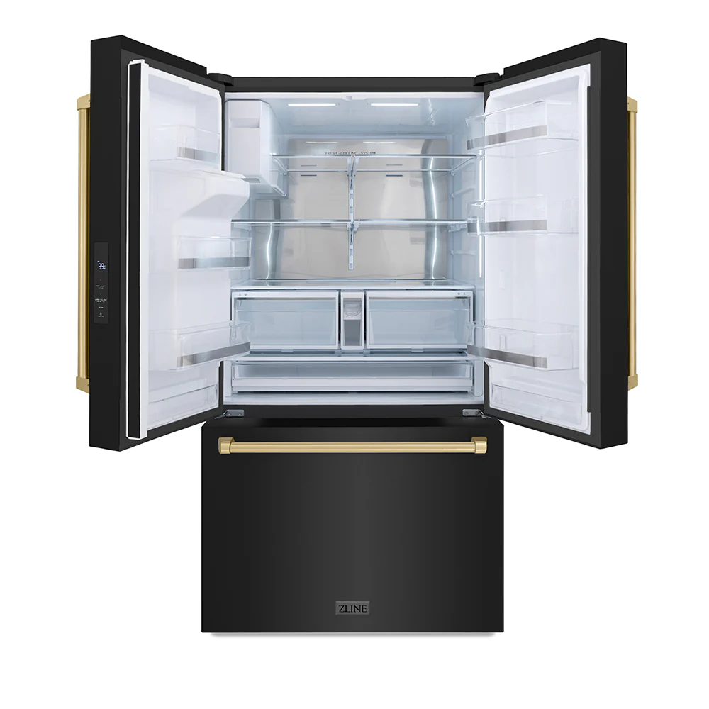 ZLINE Autograph Edition 36 in. 28.9 cu. ft. Standard-Depth French Door External Water Dispenser Refrigerator with Dual Ice Maker in Fingerprint-Resistant Black Stainless Steel and Champagne Bronze Traditional Handles (RSMZ-W-36-BS-CB) - Image 3