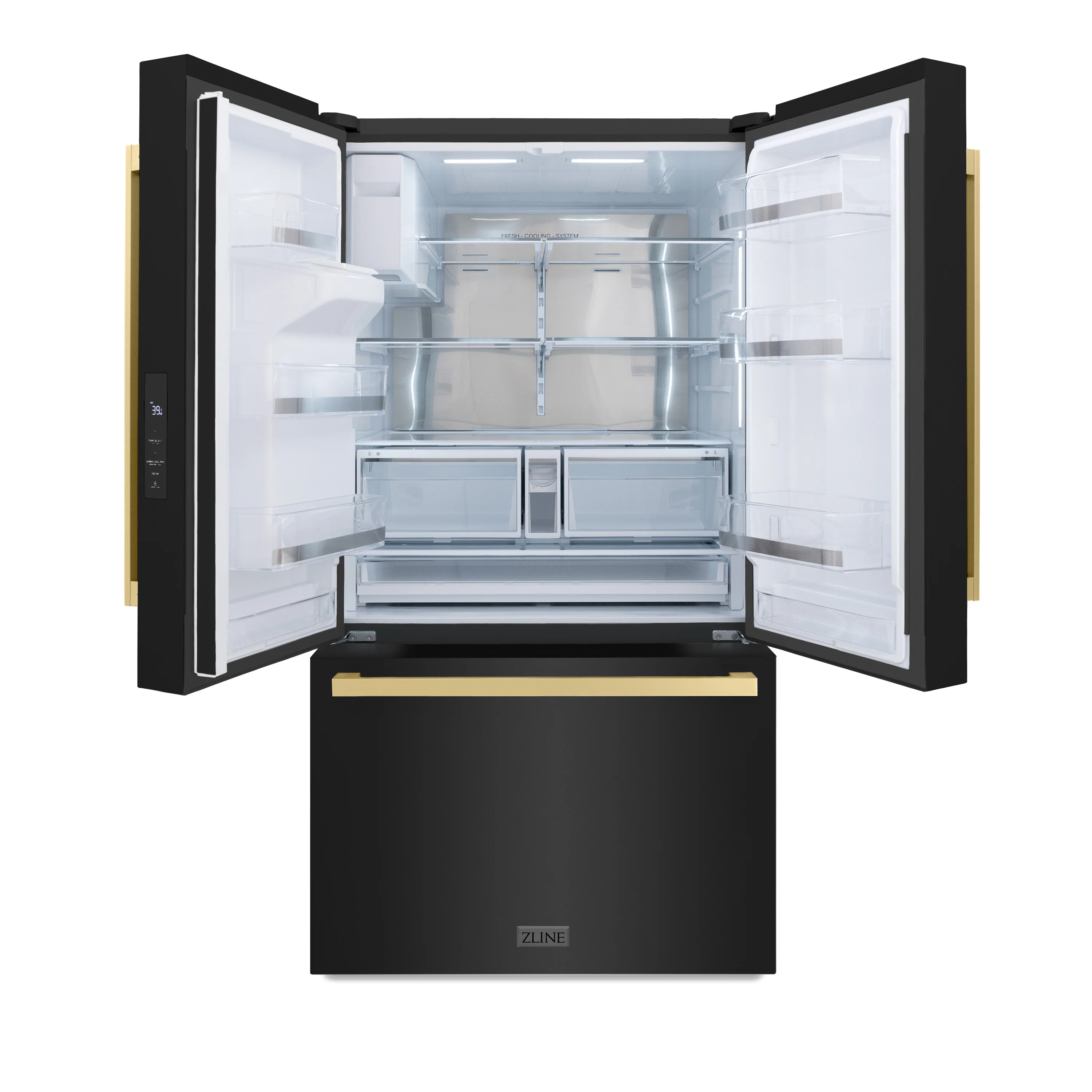 ZLINE Autograph Edition 36 in. 28.9 cu. ft. Standard-Depth French Door External Water Dispenser Refrigerator with Dual Ice Maker in Fingerprint-Resistant Black Stainless Steel and Champagne Bronze Modern Handles (RSMZ-W36-BS-FCB) - Image 4
