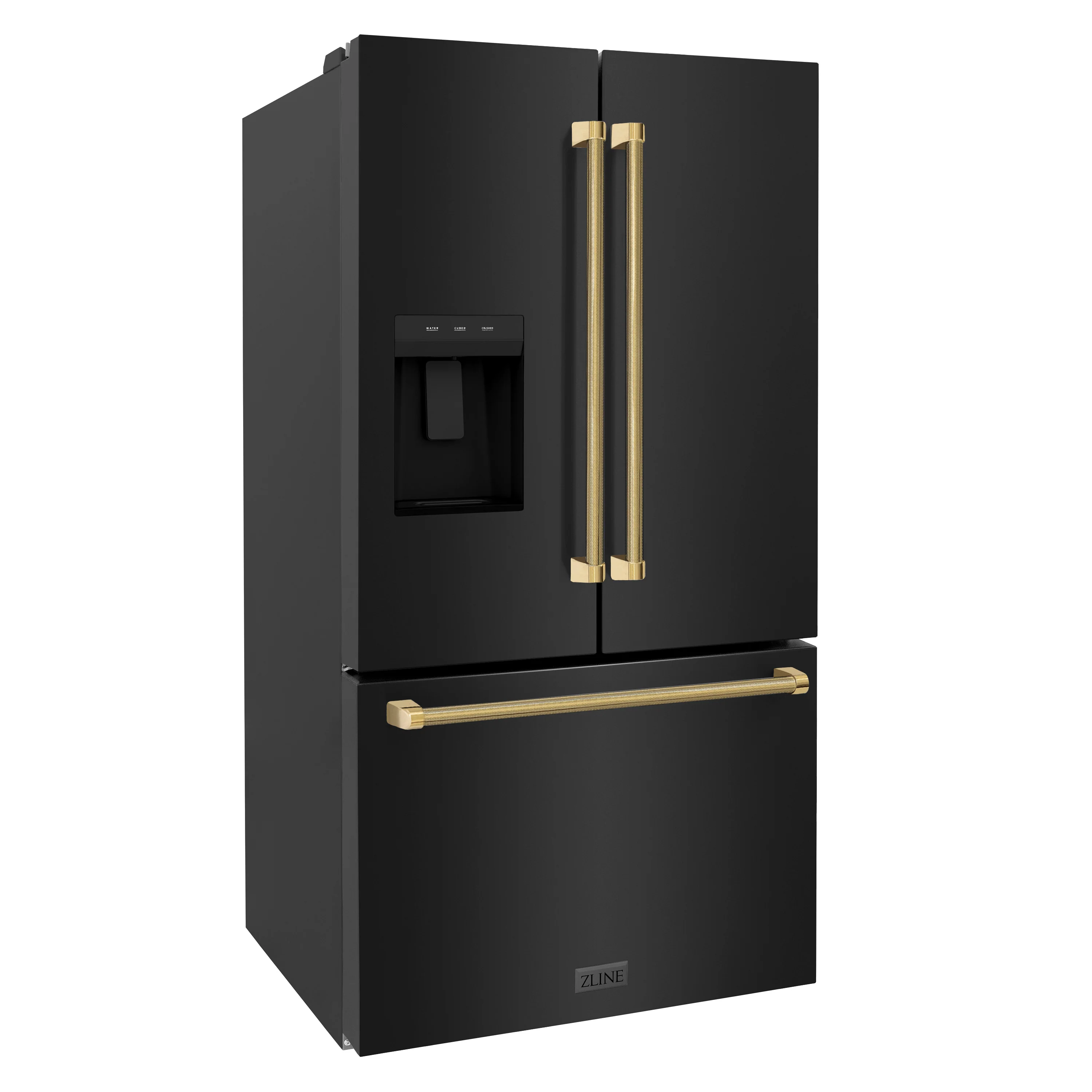 ZLINE Autograph Edition 36 in. 28.9 cu. ft. Standard-Depth French Door External Water Dispenser Refrigerator with Dual Ice Maker in Fingerprint-Resistant Black Stainless Steel and Polished Gold Helix Handles (RSMZ-W-36-BS-KG) - Image 3