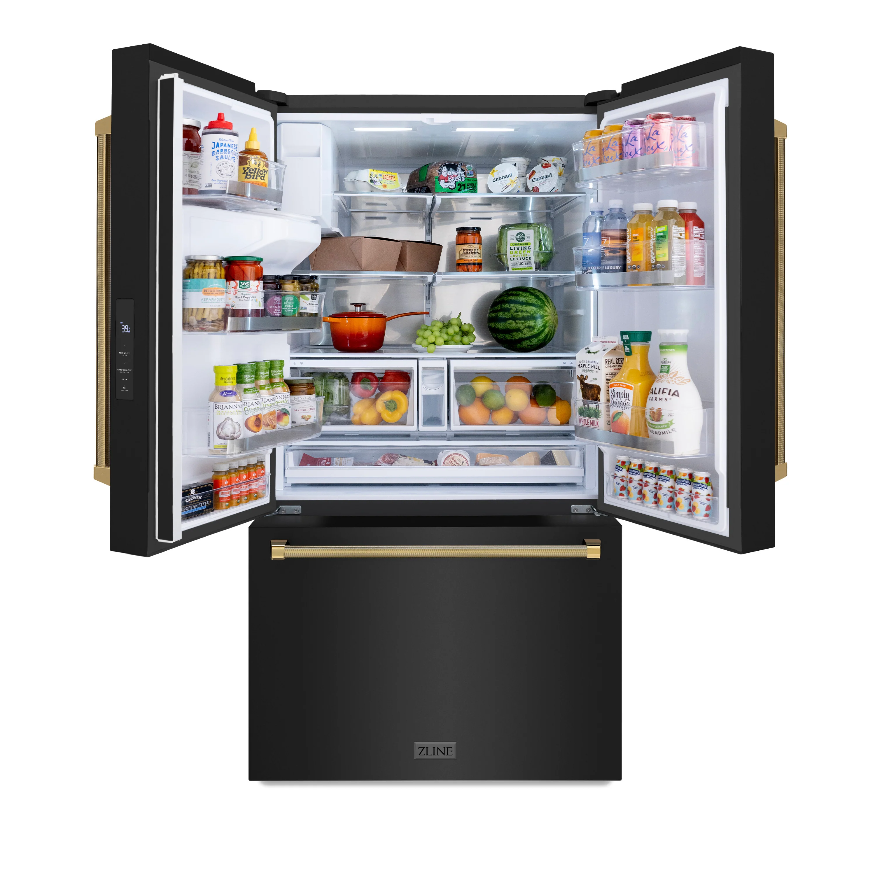ZLINE Autograph Edition 36 in. 28.9 cu. ft. Standard-Depth French Door External Water Dispenser Refrigerator with Dual Ice Maker in Fingerprint-Resistant Black Stainless Steel and Polished Gold Helix Handles (RSMZ-W-36-BS-KG) - Image 7