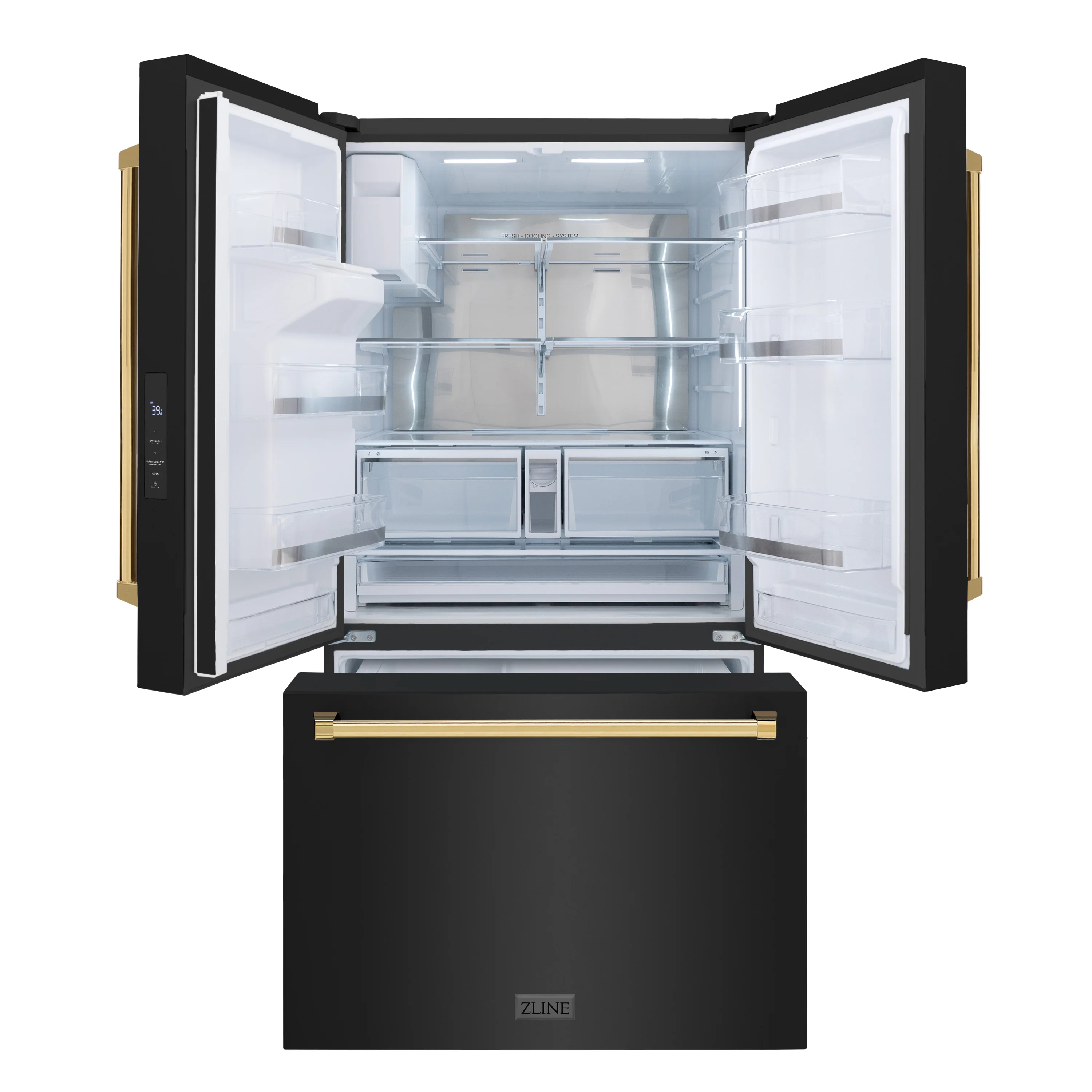ZLINE Autograph Edition 36 in. 28.9 cu. ft. Standard-Depth French Door External Water Dispenser Refrigerator with Dual Ice Maker in Fingerprint-Resistant Black Stainless Steel and Polished Gold Traditional Handles (RSMZ-W-36-BS-G) - Image 3