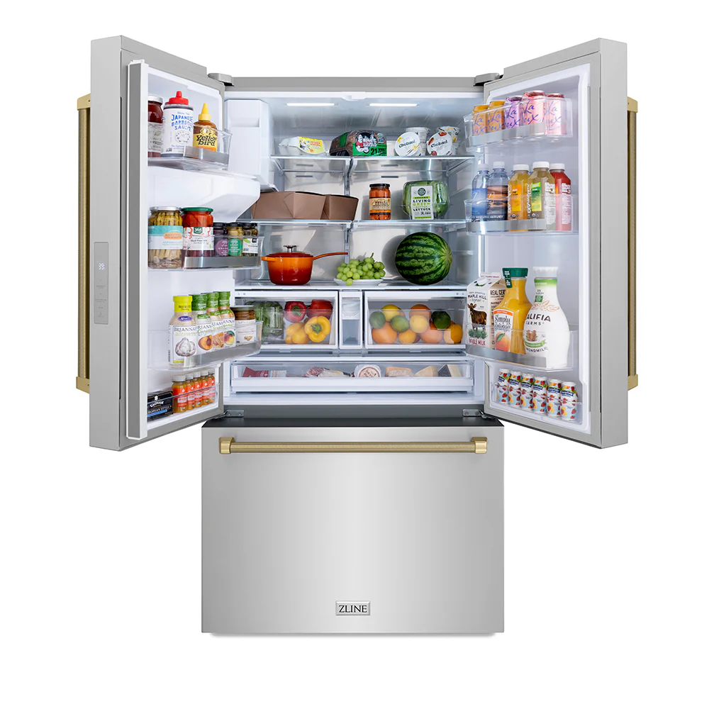 ZLINE Autograph Edition 36 in. 28.9 cu. ft. Standard-Depth French Door External Water Dispenser Refrigerator with Dual Ice Maker in Fingerprint-Resistant Stainless Steel and Champagne Bronze Helix Handles (RSMZ-W-36-KCB) - Image 6