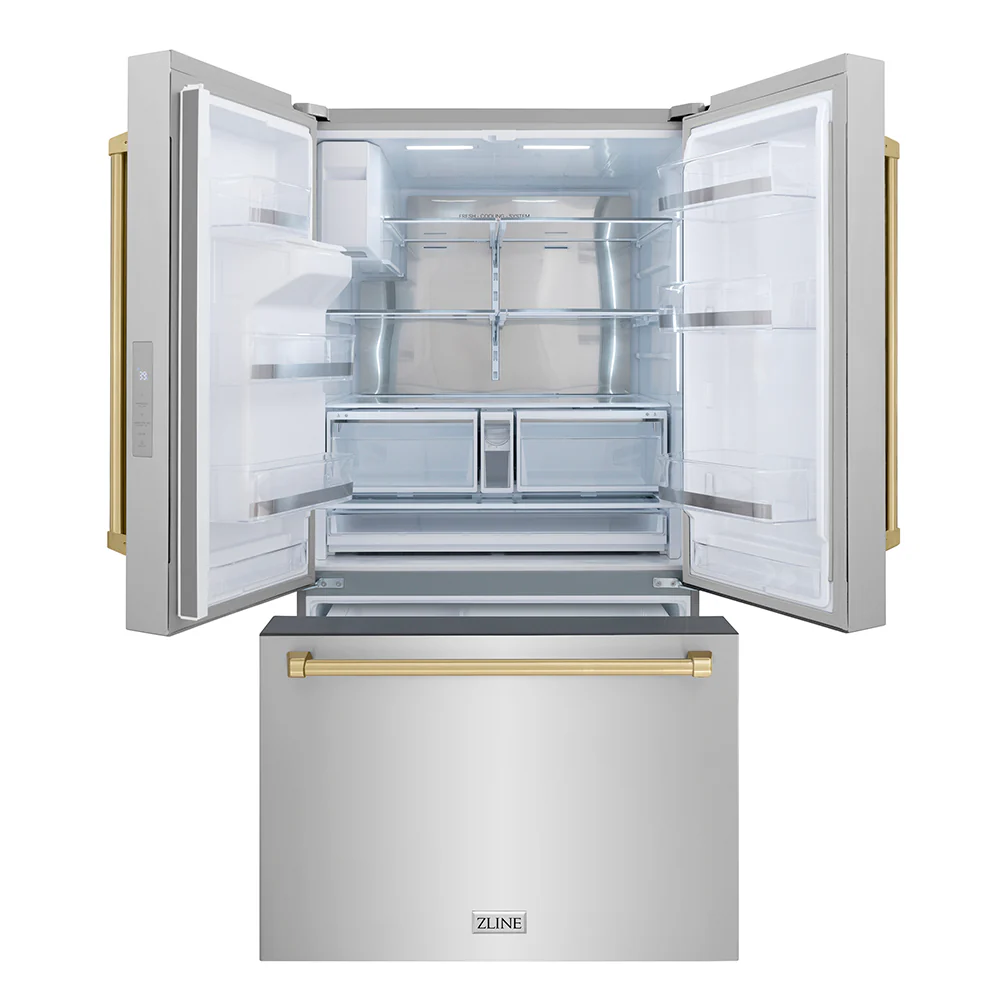 ZLINE Autograph Edition 36 in. 28.9 cu. ft. Standard-Depth French Door External Water Dispenser Refrigerator with Dual Ice Maker in Fingerprint-Resistant Stainless Steel and Champagne Bronze Traditional Handles (RSMZ-W-36-CB) - Image 4