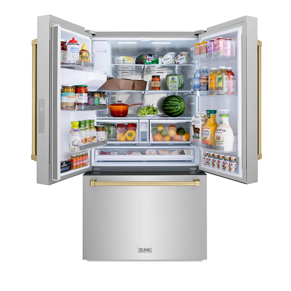 ZLINE Autograph Edition 36 in. 28.9 cu. ft. Standard-Depth French Door External Water Dispenser Refrigerator with Dual Ice Maker in Fingerprint-Resistant Stainless Steel and Champagne Bronze Traditional Handles (RSMZ-W-36-CB) - Image 5