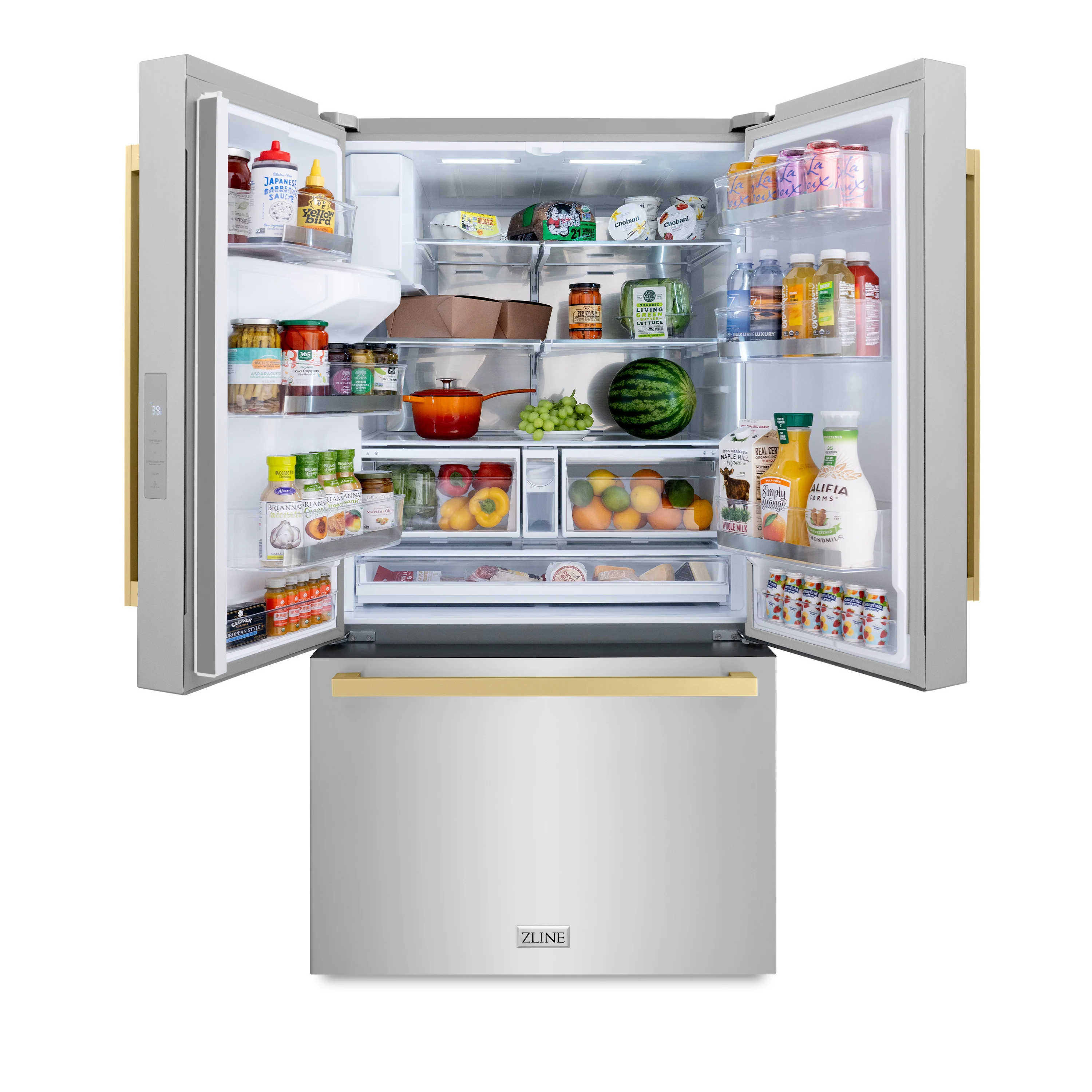 ZLINE Autograph Edition 36 in. 28.9 cu. ft. Standard-Depth French Door External Water Dispenser Refrigerator with Dual Ice Maker in Fingerprint-Resistant Stainless Steel and Champagne Bronze Modern Handles (RSMZ-W-36-FCB) - Image 5