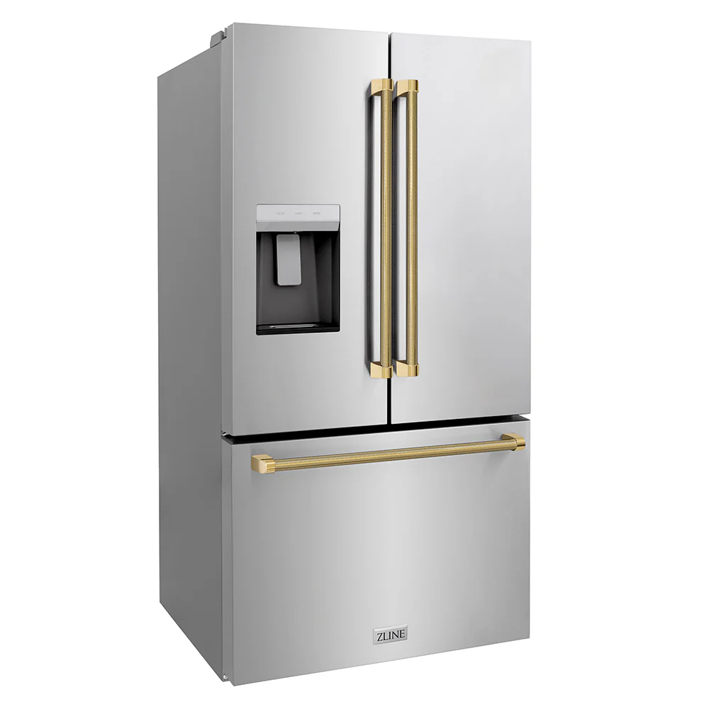ZLINE Autograph Edition 36 in. 28.9 cu. ft. Standard-Depth French Door External Water Dispenser Refrigerator with Dual Ice Maker in Fingerprint-Resistant Stainless Steel and Polished Gold Helix Handles (RSMZ-W-36-KG) - Image 3