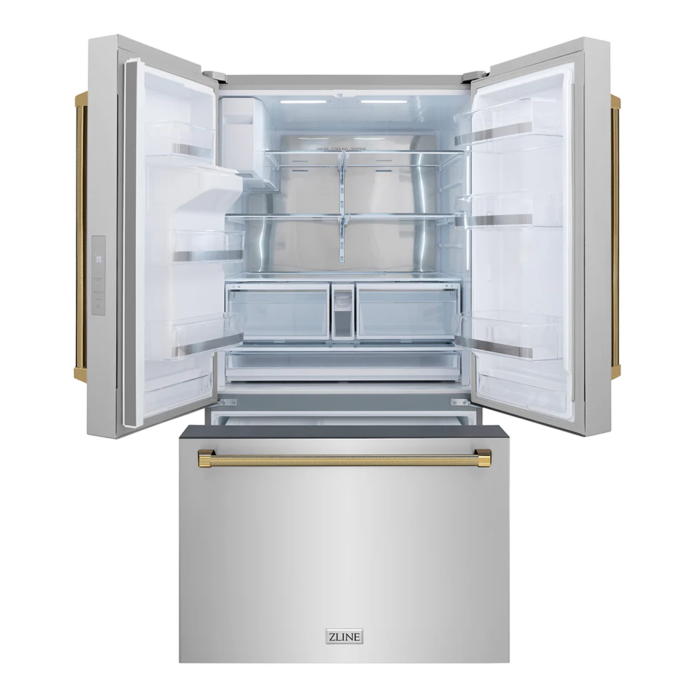 ZLINE Autograph Edition 36 in. 28.9 cu. ft. Standard-Depth French Door External Water Dispenser Refrigerator with Dual Ice Maker in Fingerprint-Resistant Stainless Steel and Polished Gold Helix Handles (RSMZ-W-36-KG) - Image 4