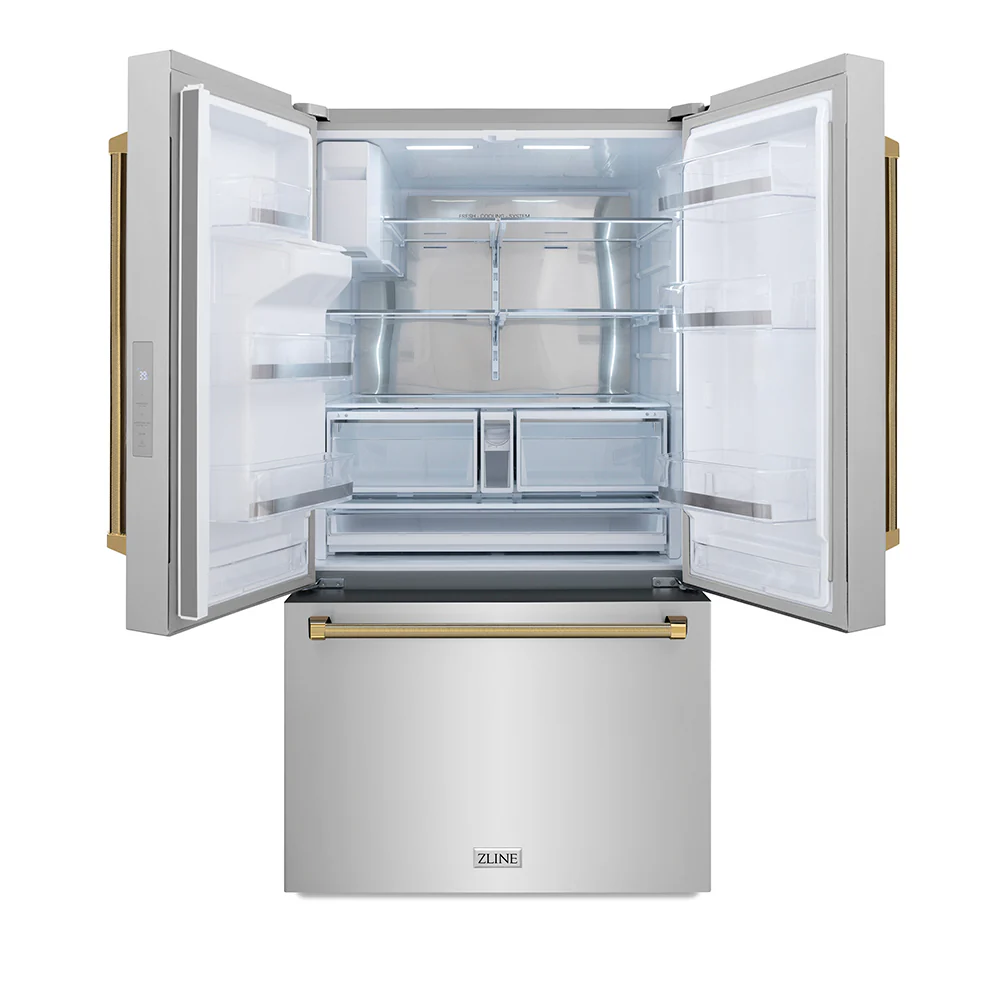 ZLINE Autograph Edition 36 in. 28.9 cu. ft. Standard-Depth French Door External Water Dispenser Refrigerator with Dual Ice Maker in Fingerprint-Resistant Stainless Steel and Polished Gold Helix Handles (RSMZ-W-36-KG) - Image 5