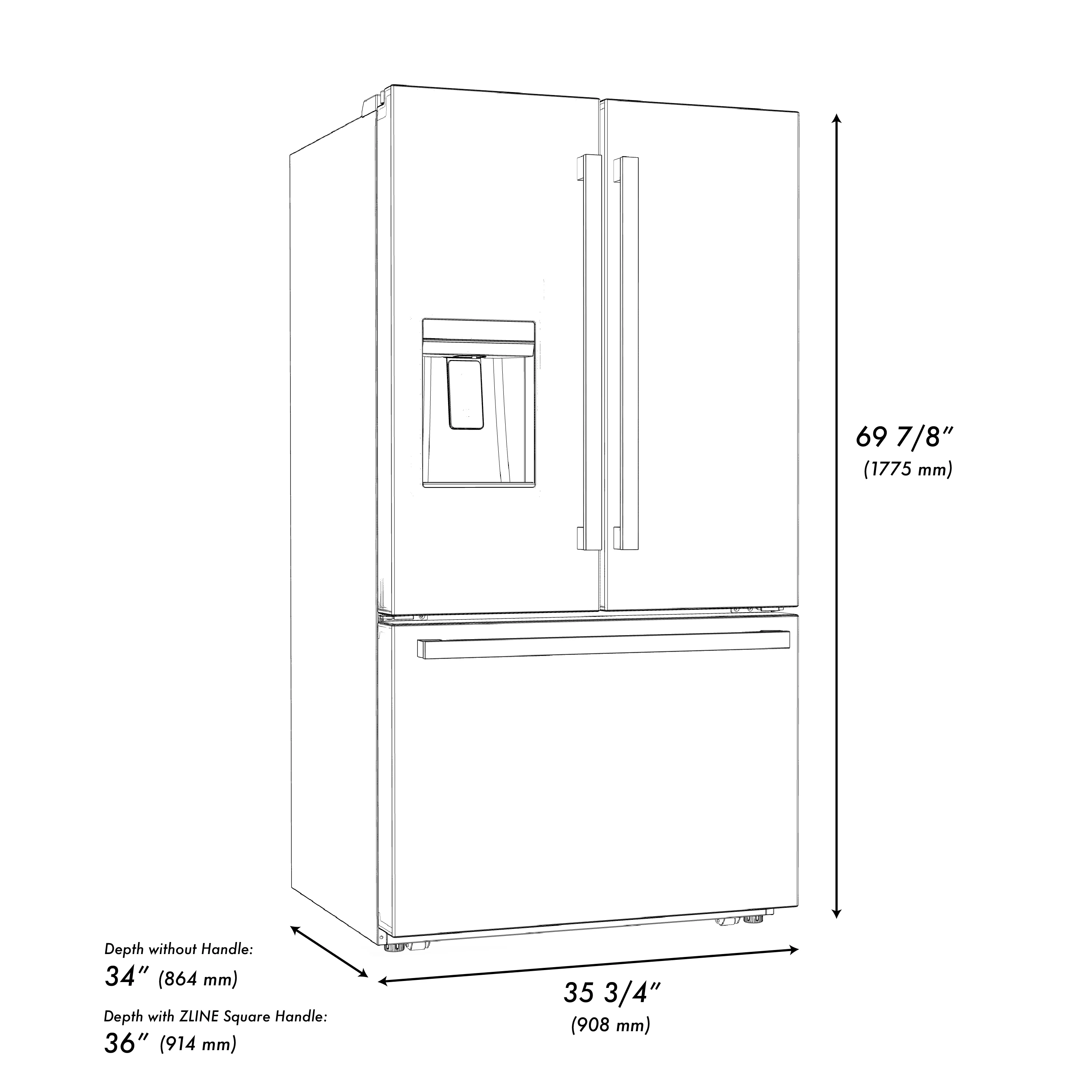 ZLINE Autograph Edition 36 in. 28.9 cu. ft. Standard-Depth French Door External Water Dispenser Refrigerator with Dual Ice Maker in Fingerprint-Resistant Stainless Steel and Polished Gold Modern Handles (RSMZ-W-36-FG) - Image 11