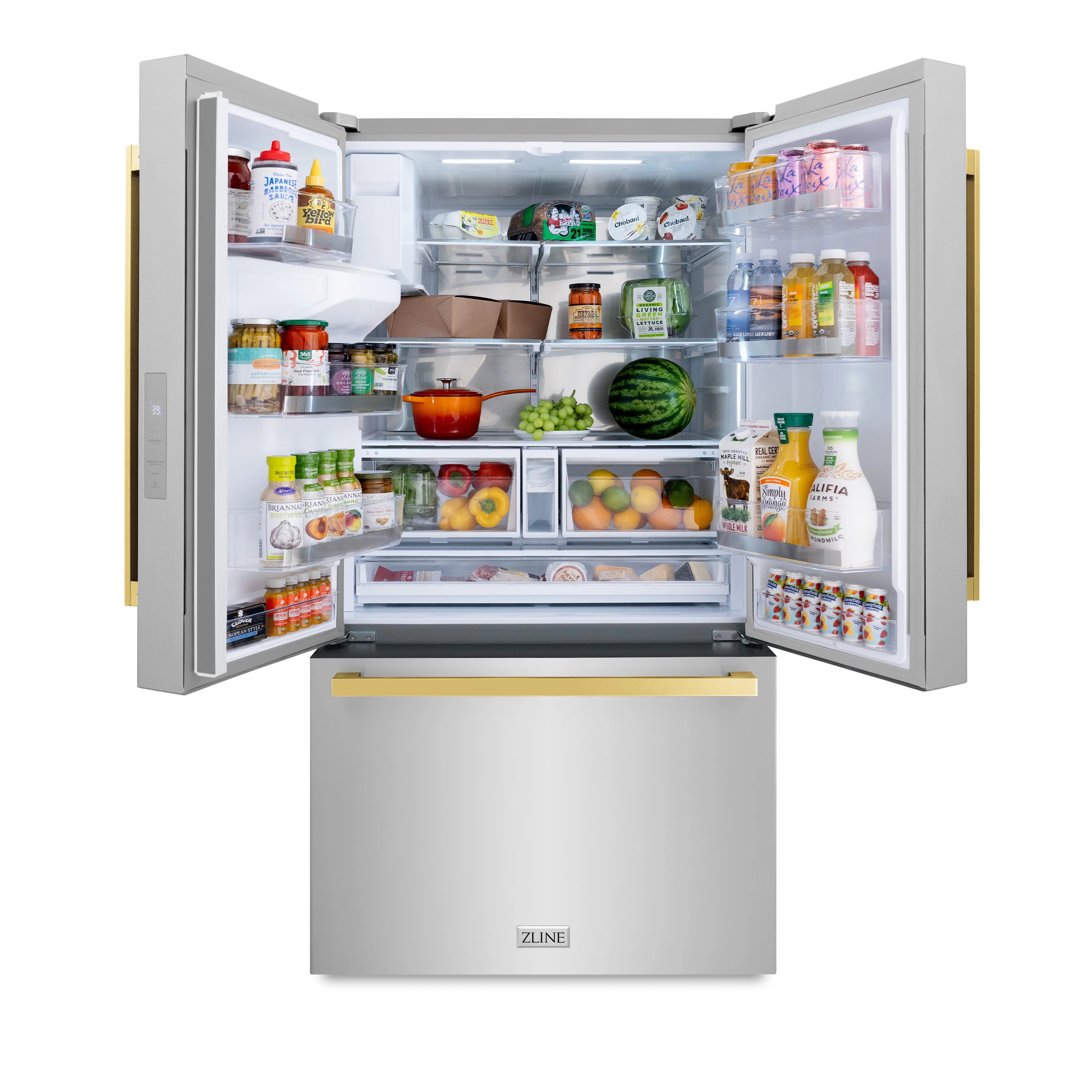 ZLINE Autograph Edition 36 in. 28.9 cu. ft. Standard-Depth French Door External Water Dispenser Refrigerator with Dual Ice Maker in Fingerprint-Resistant Stainless Steel and Polished Gold Modern Handles (RSMZ-W-36-FG) - Image 5