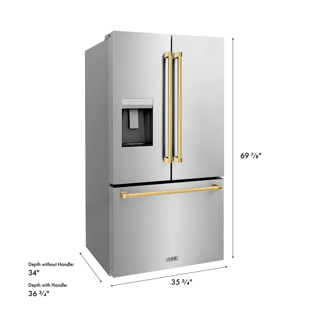 ZLINE Autograph Edition 36 in. 28.9 cu. ft. Standard-Depth French Door External Water Dispenser Refrigerator with Dual Ice Maker in Fingerprint-Resistant Stainless Steel and Polished Gold Traditional Handles (RSMZ-W-36-G) - Image 22