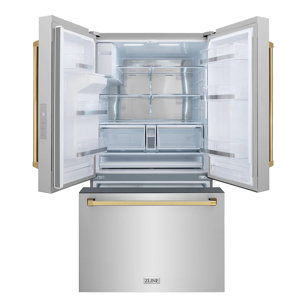 ZLINE Autograph Edition 36 in. 28.9 cu. ft. Standard-Depth French Door External Water Dispenser Refrigerator with Dual Ice Maker in Fingerprint-Resistant Stainless Steel and Polished Gold Traditional Handles (RSMZ-W-36-G) - Image 4