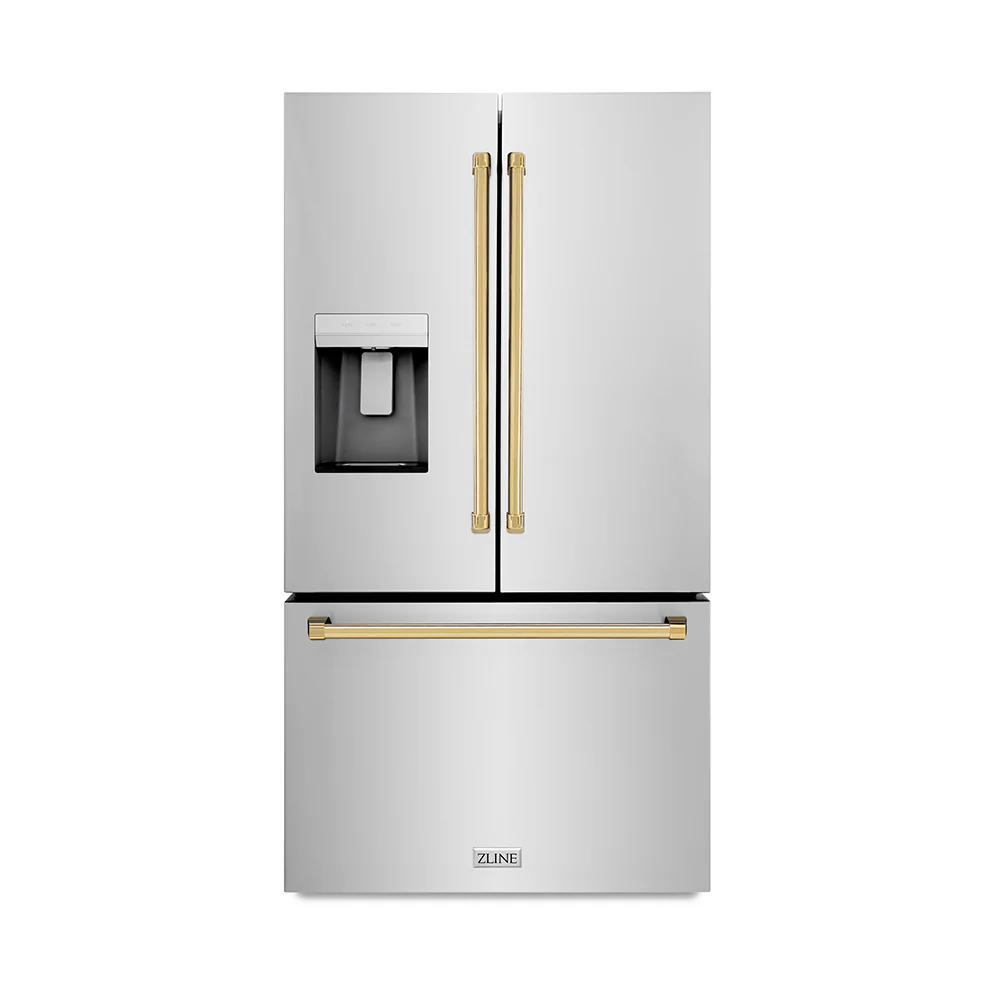 ZLINE Autograph Edition 36 in. 28.9 cu. ft. Standard-Depth French Door External Water Dispenser Refrigerator with Dual Ice Maker in Fingerprint-Resistant Stainless Steel and Polished Gold Traditional Handles (RSMZ-W-36-G) - Image 6