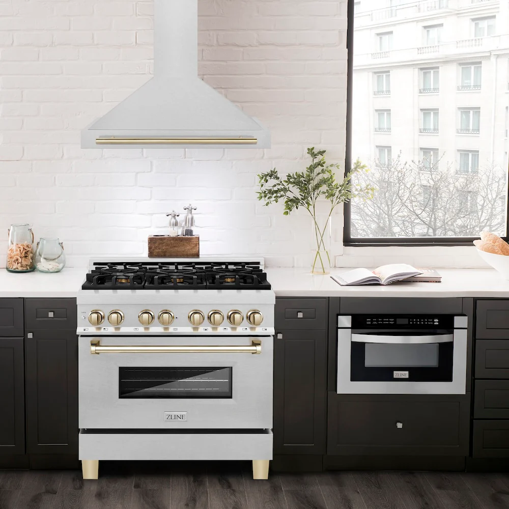 ZLINE 36 in. Autograph Edition Convertible Fingerprint Resistant Satin Stainless Steel Range Hood with Polished Gold Handle (KB4SNZ-36-G) - Image 2