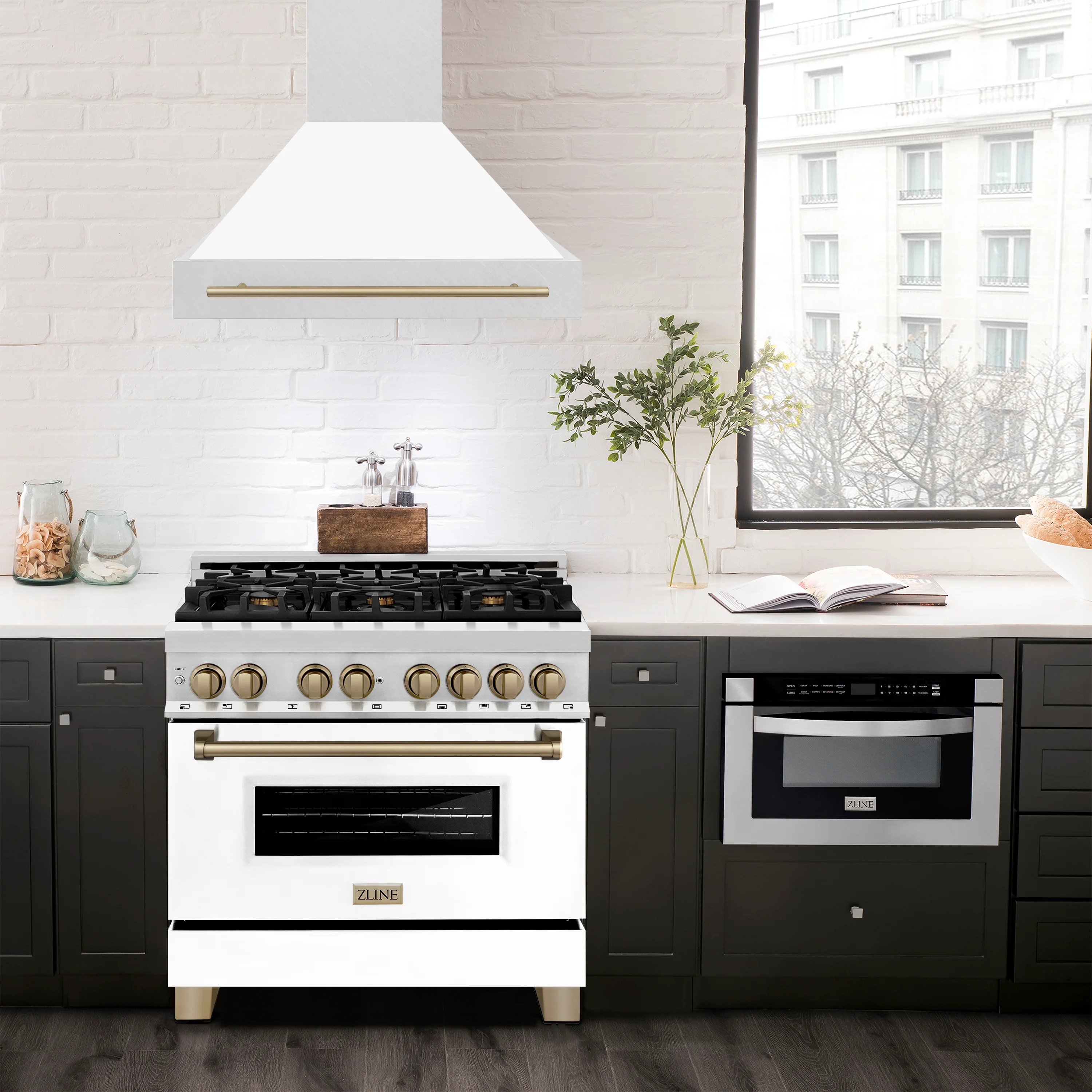 ZLINE Autograph Edition 36 in. Satin Stainless Steel Wall Mount Range Hood with White Matte Shell and Champagne Bronze Handle (8654SNZ-WM36-CB) - Image 2
