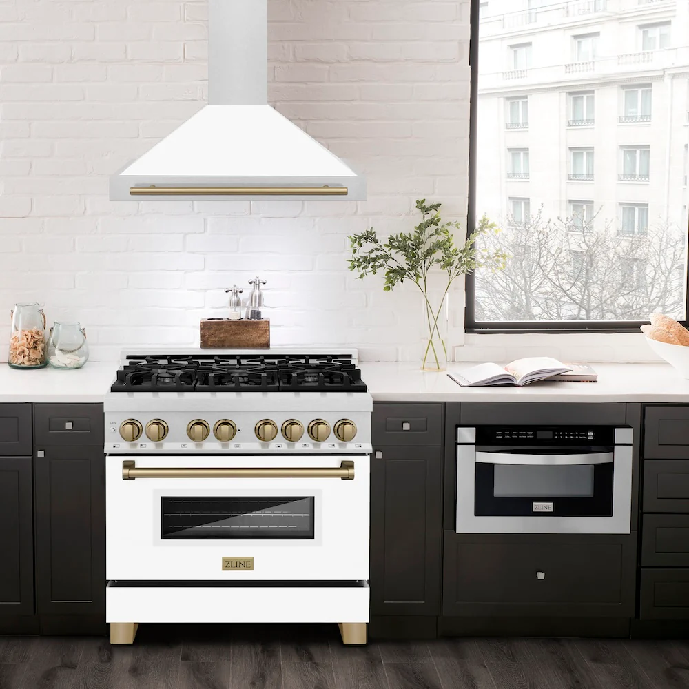 ZLINE Autograph Edition 36 in. Convertible Satin Stainless Steel Wall Mount Range Hood with White Matte Shell and Champagne Bronze Handle (KB4SNZ-WM36-CB) - Image 2
