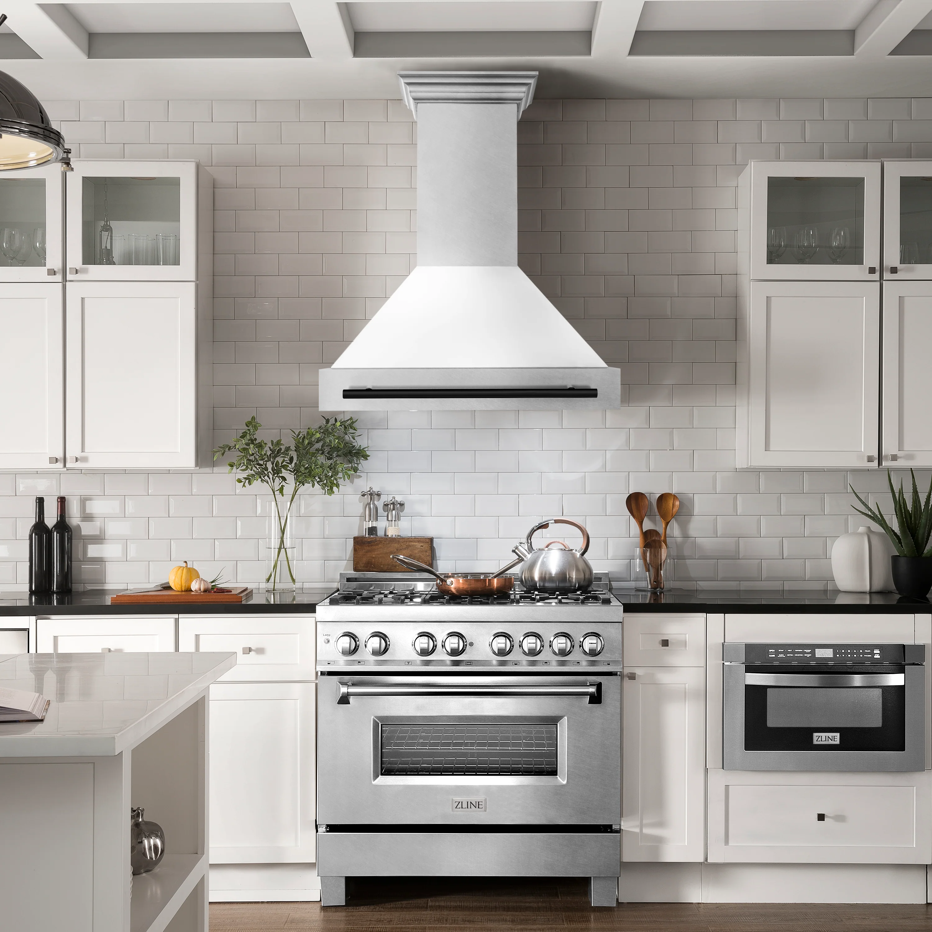 ZLINE Autograph Edition 36 in. Satin Stainless Steel Wall Mount Range Hood with White Matte Shell and Matte Black Handle (8654SNZ-WM36-MB) - Image 8