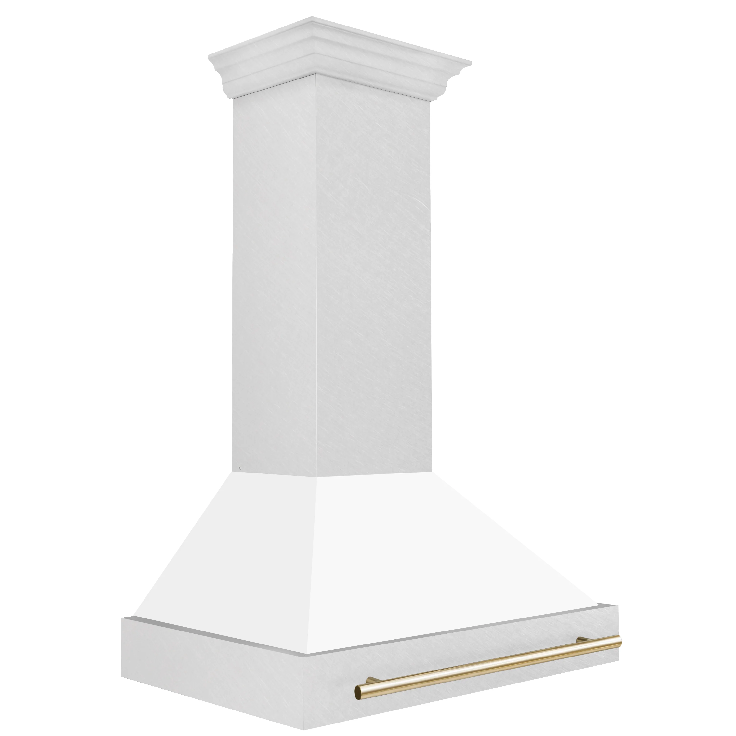 ZLINE Autograph Edition 36 in. Satin Stainless Steel Wall Mount Range Hood with White Matte Shell and Polished Gold Handle (8654SNZ-WM36-G)