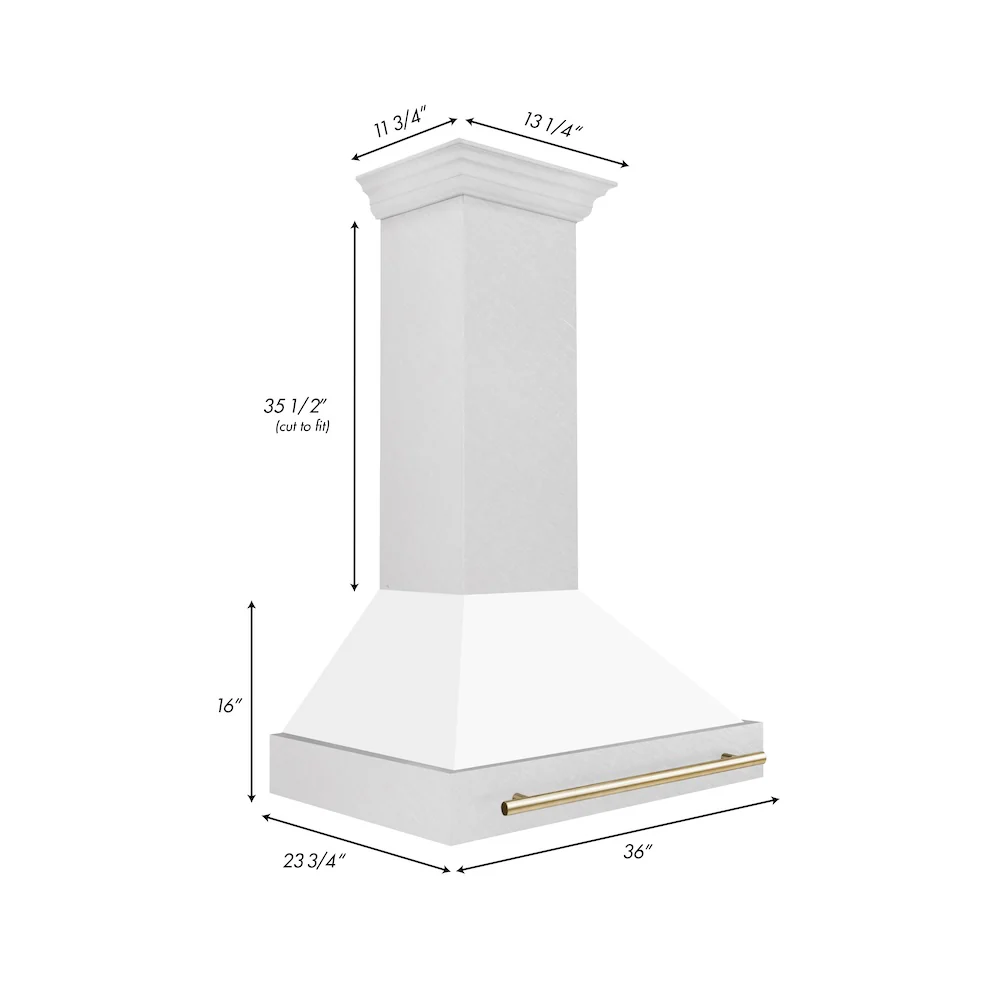 ZLINE Autograph Edition 36 in. Satin Stainless Steel Wall Mount Range Hood with White Matte Shell and Polished Gold Handle (8654SNZ-WM36-G) - Image 6