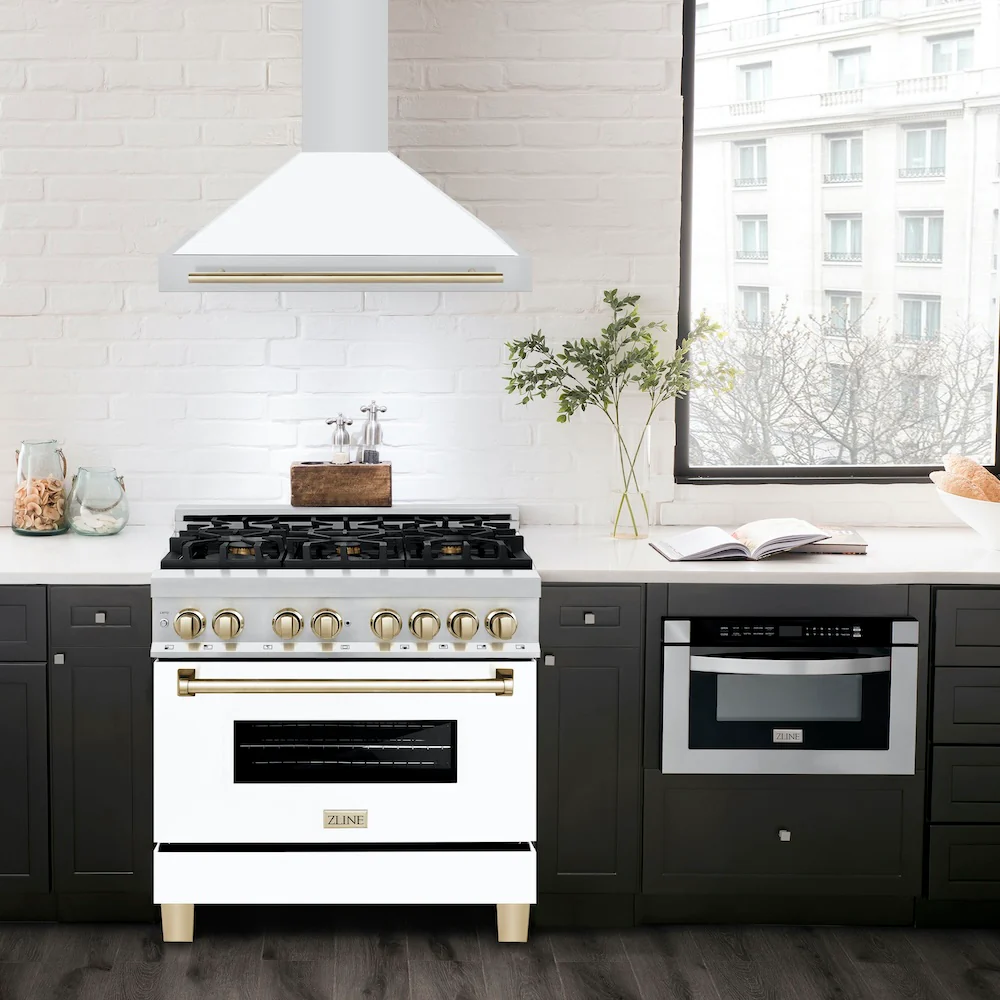 ZLINE 36 in. Autograph Edition Convertible Stainless Steel Range Hood with White Matte Shell and Polished Gold Accents (KB4STZ-WM36-G) - Image 2