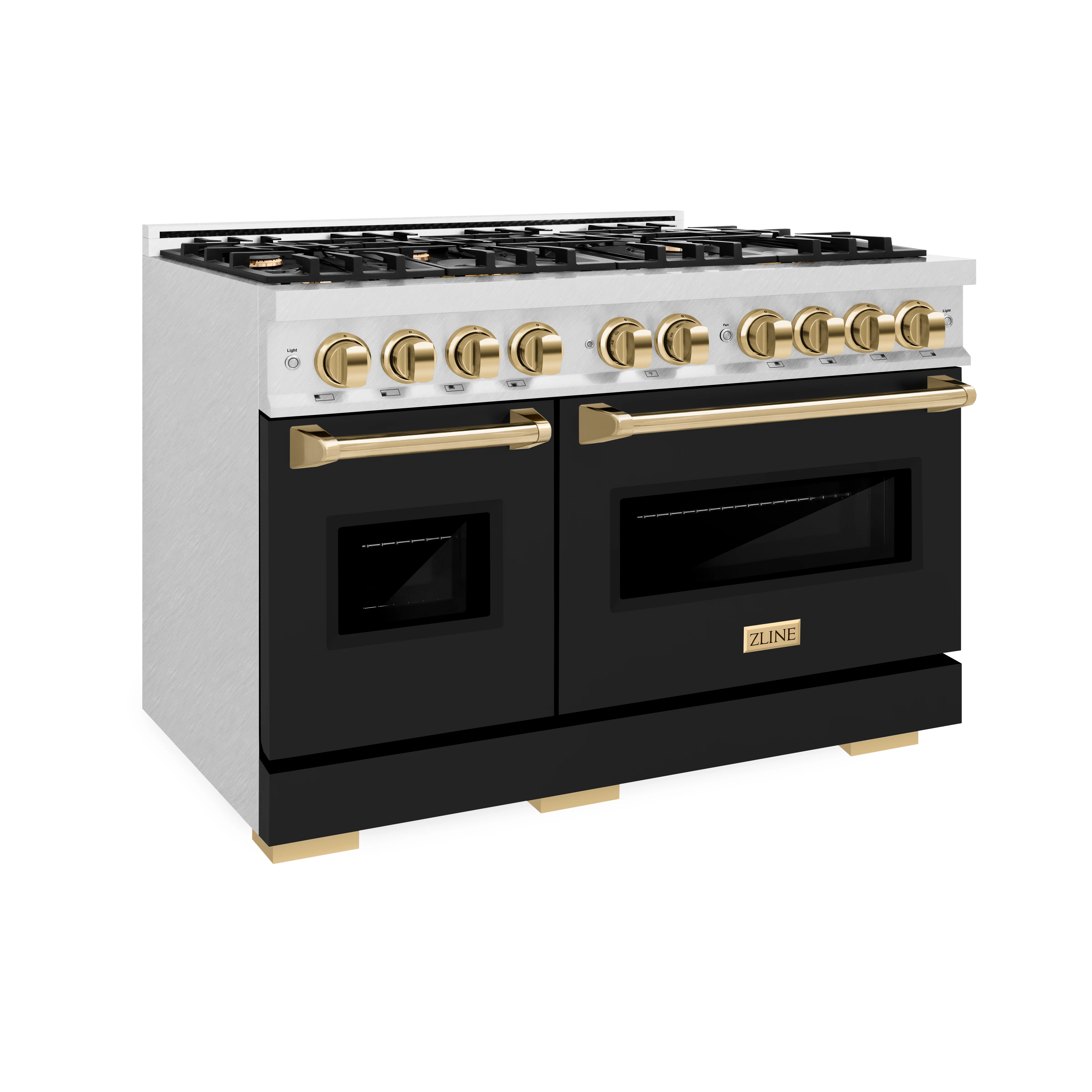 ZLINE Autograph Edition 48 in. 6.7 cu. ft. Classic Double Oven Dual Fuel Range with 8 Burner Gas Cooktop in Satin Stainless Steel with Black Matte Doors and Polished Gold Accents (CDRSZ-BLM-48-G) - Image 4