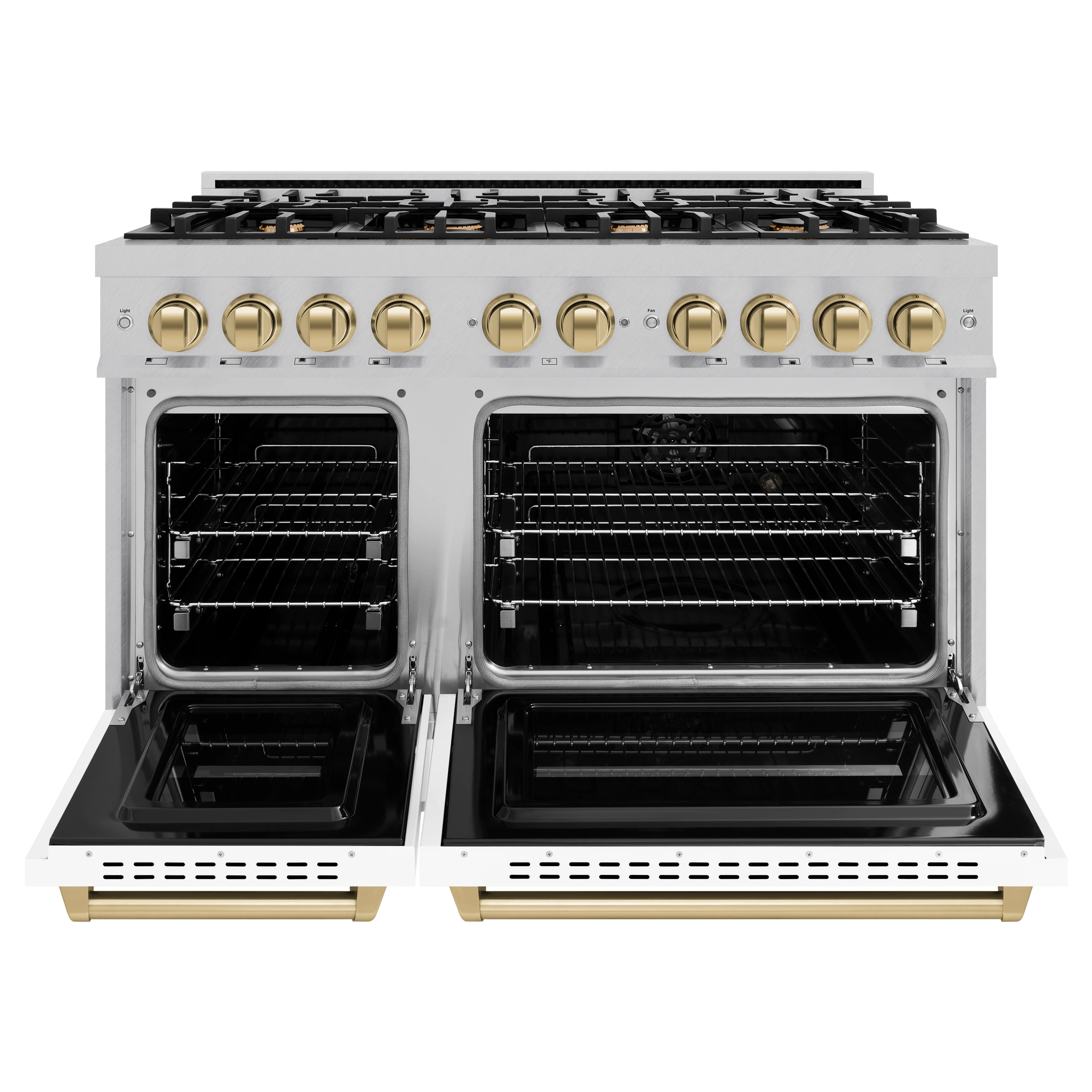 ZLINE Autograph Edition 48 in. 6.7 cu. ft. Classic Double Oven Dual Fuel Range with 8 Burner Gas Cooktop in Satin Stainless Steel with White Matte Doors and Champagne Bronze Accents (CDRSZ-WM-48-CB) - Image 4