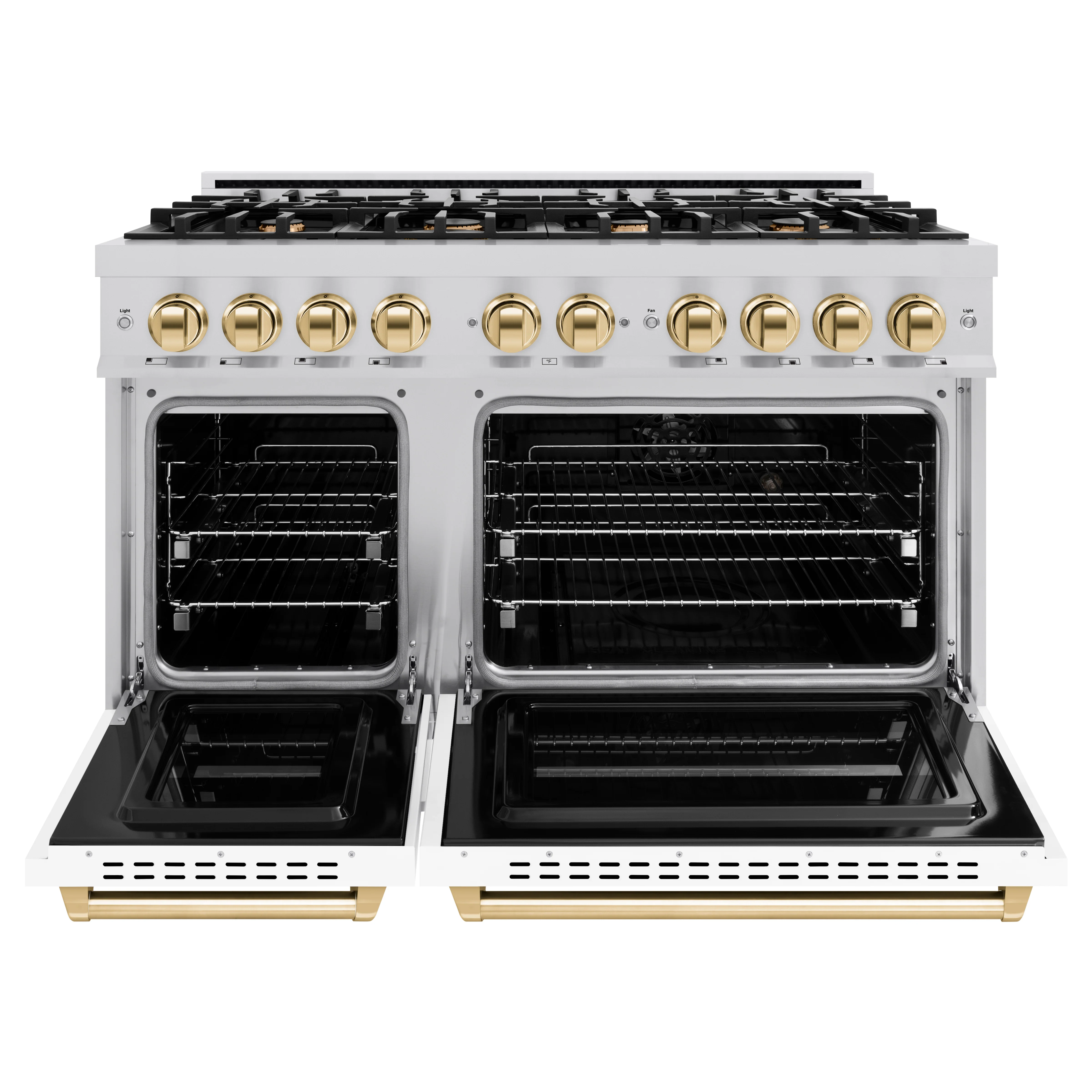 ZLINE Autograph Edition 48 in. 6.7 cu. ft. Classic Double Oven Dual Fuel Range with 8 Burner Gas Cooktop in Stainless Steel with White Matte Door and Polished Gold Accents (CDRZ-WM-48-G) - Image 4