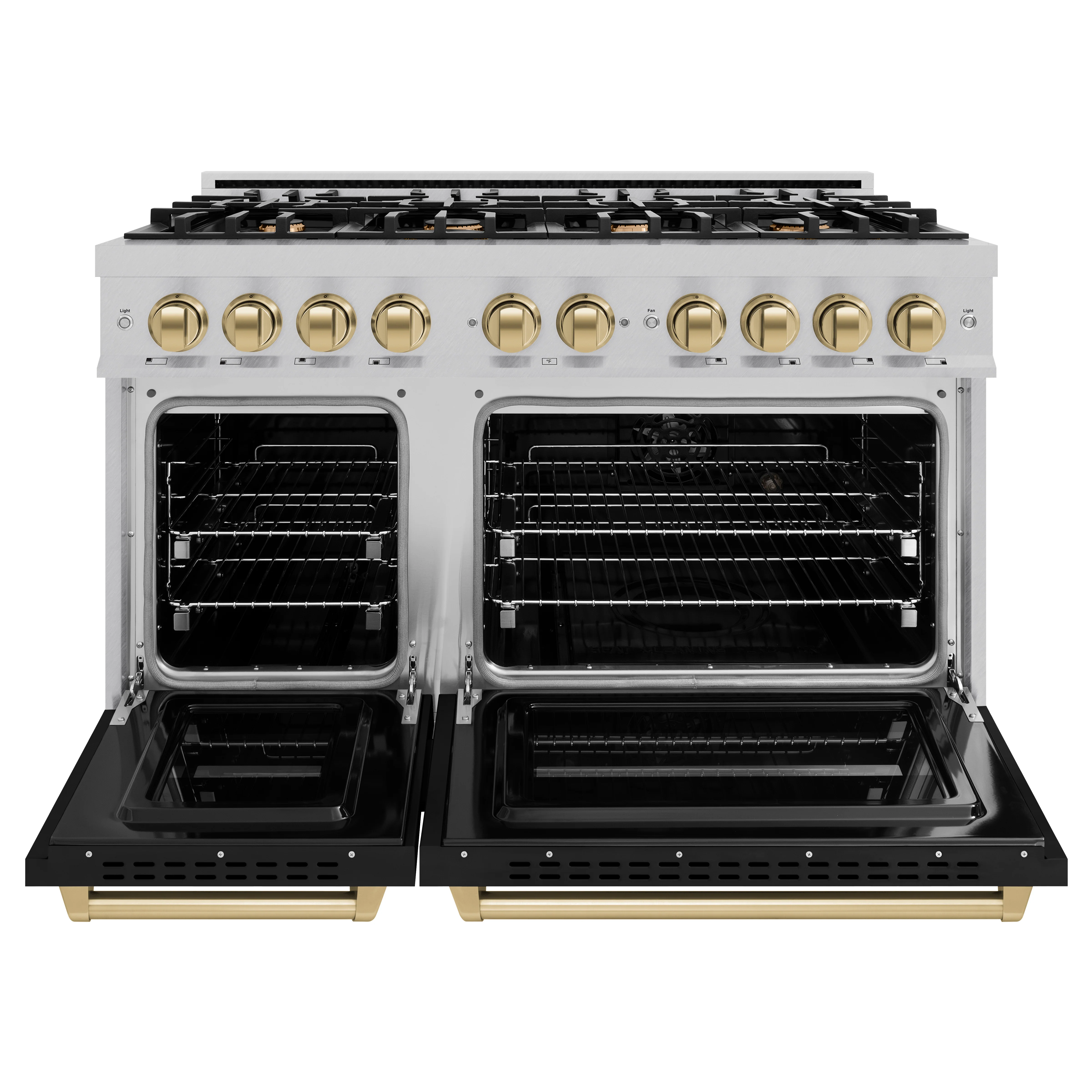 ZLINE Autograph Edition 48 in. 6.7 cu. ft. Classic Double Oven Gas Range with 8 Burner Cooktop in Satin Stainless Steel with Black Matte Doors and Champagne Bronze Accents (CGRSZ-BLM-48-CB) - Image 3